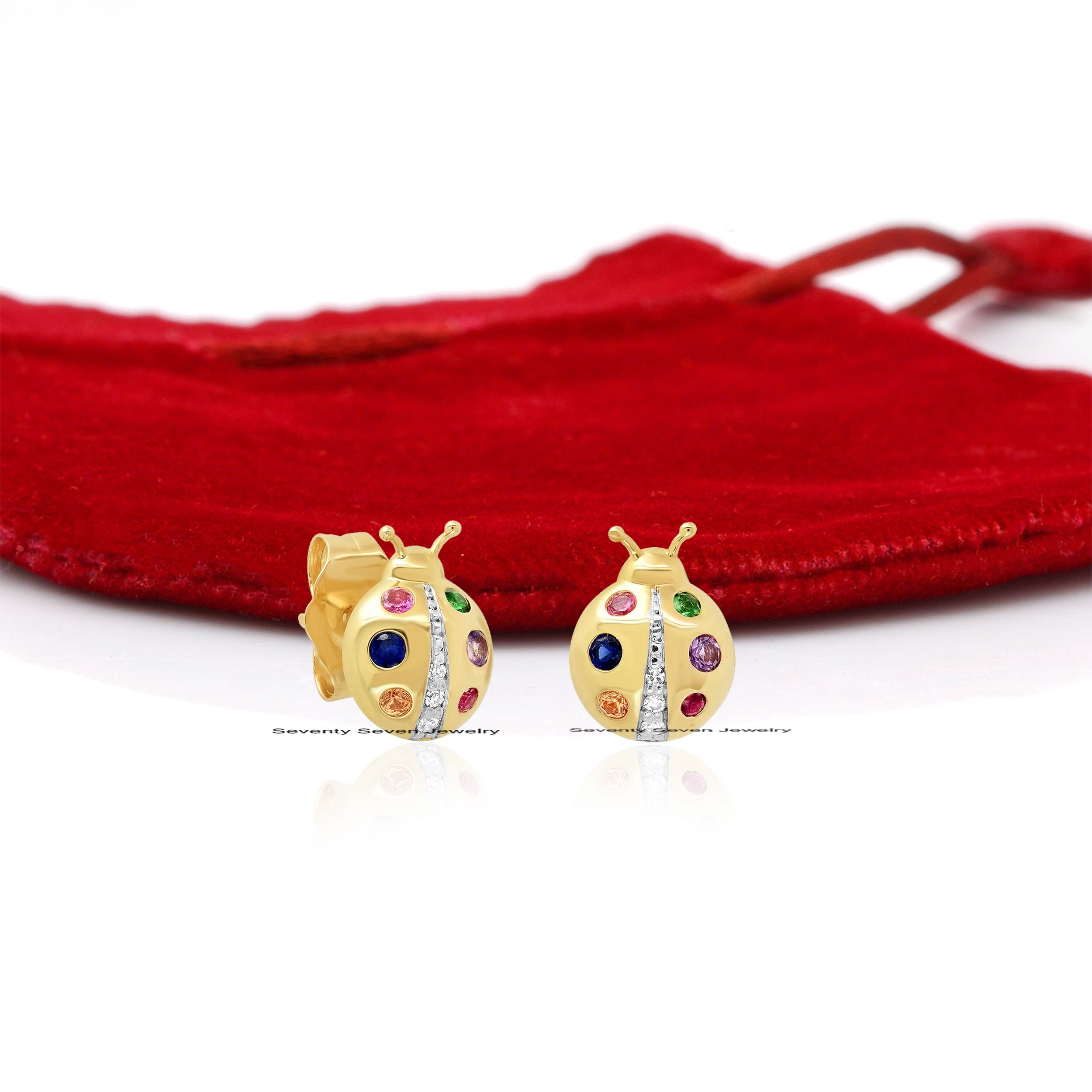 925 Silver Ladybug Stud Earrings: Multi-Color Gemstone Bug Jewelry - View 2 - Seventy Seven Jewelry | SKU: SSMJE1063-SLNSMTCS 925 Silver Ladybug Stud Earrings: Multi-Color Gemstone Bug Jewelry - View 2 - Seventy Seven Jewelry | SKU: SSMJE1063-SLNSMTCS