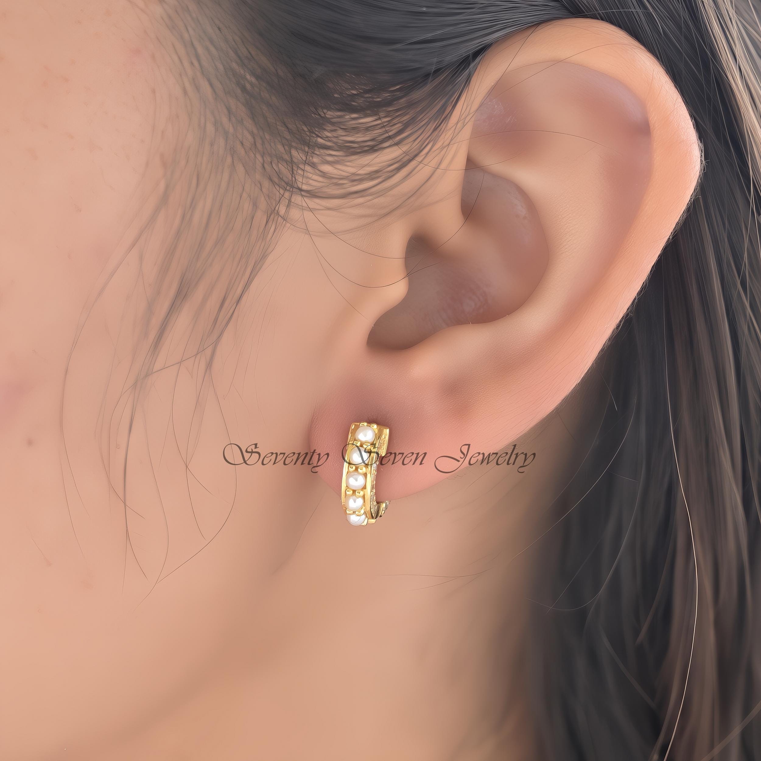 14K Gold Diamond Huggies: Pearl Hoop Earrings - View 2 - Seventy Seven Jewelry | SKU: SSMJE333-14KYGDIPL-2026 14K Gold Diamond Huggies: Pearl Hoop Earrings - View 2 - Seventy Seven Jewelry | SKU: SSMJE333-14KYGDIPL-2026