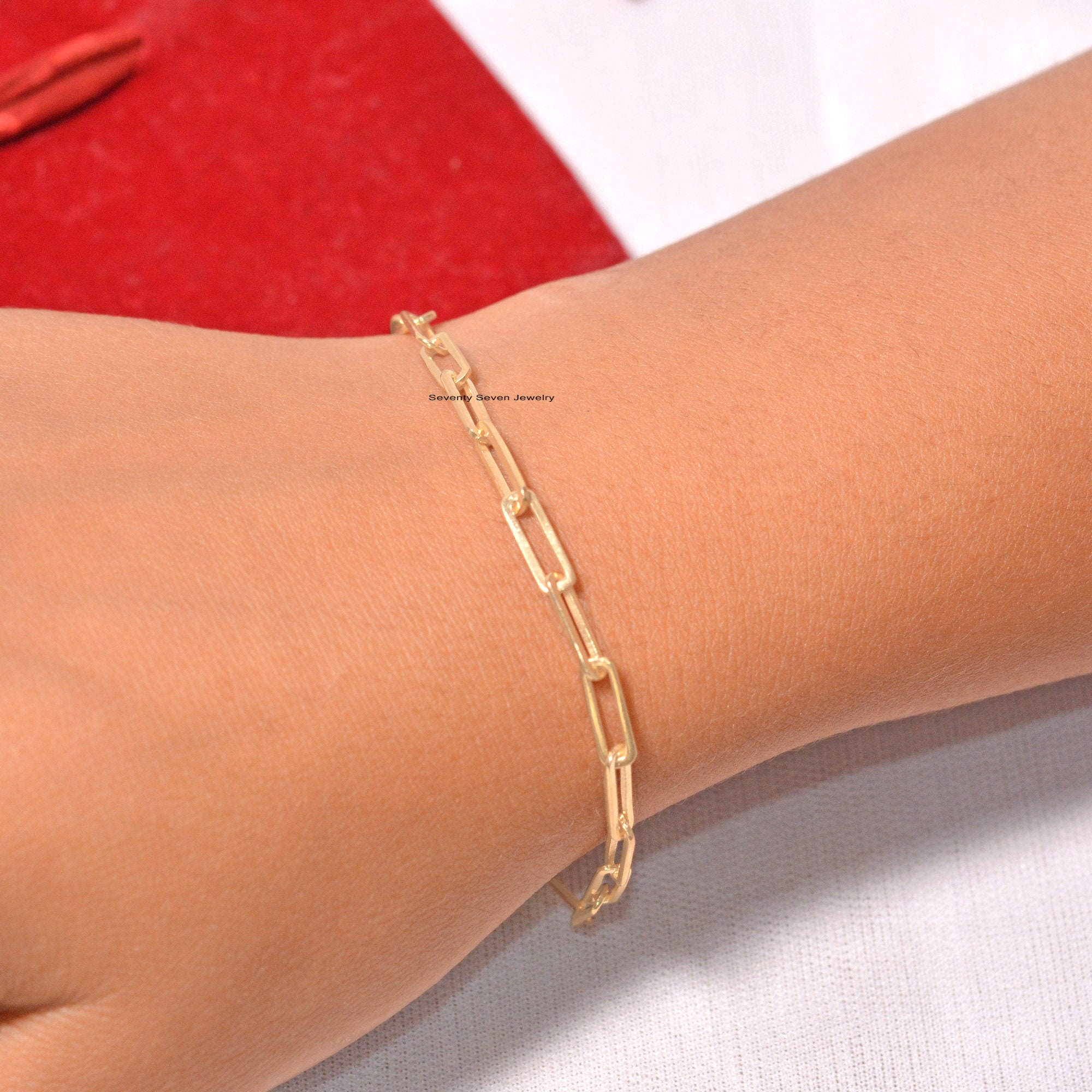 14k Gold Paperclip Bracelet: Rectangle Link Chain - Seventy Seven Jewelry | SKU: SSMJA229-14kYG-2026 14k Gold Paperclip Bracelet: Rectangle Link Chain - Seventy Seven Jewelry | SKU: SSMJA229-14kYG-2026