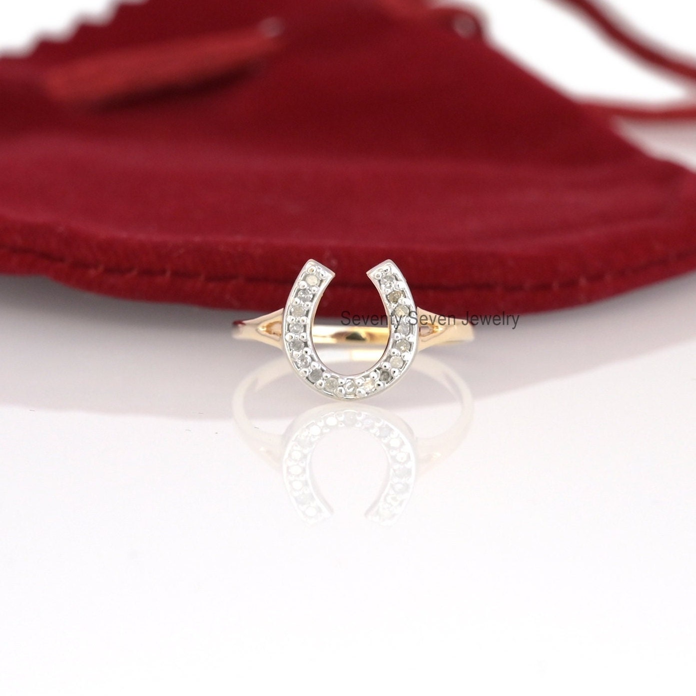 Sterling Silver Moissanite Horseshoe Ring: Lucky Vintage Style - View 2 - Seventy Seven Jewelry | SKU: SSMJR406-SLYGDI-2026 Sterling Silver Moissanite Horseshoe Ring: Lucky Vintage Style - View 2 - Seventy Seven Jewelry | SKU: SSMJR406-SLYGDI-2026