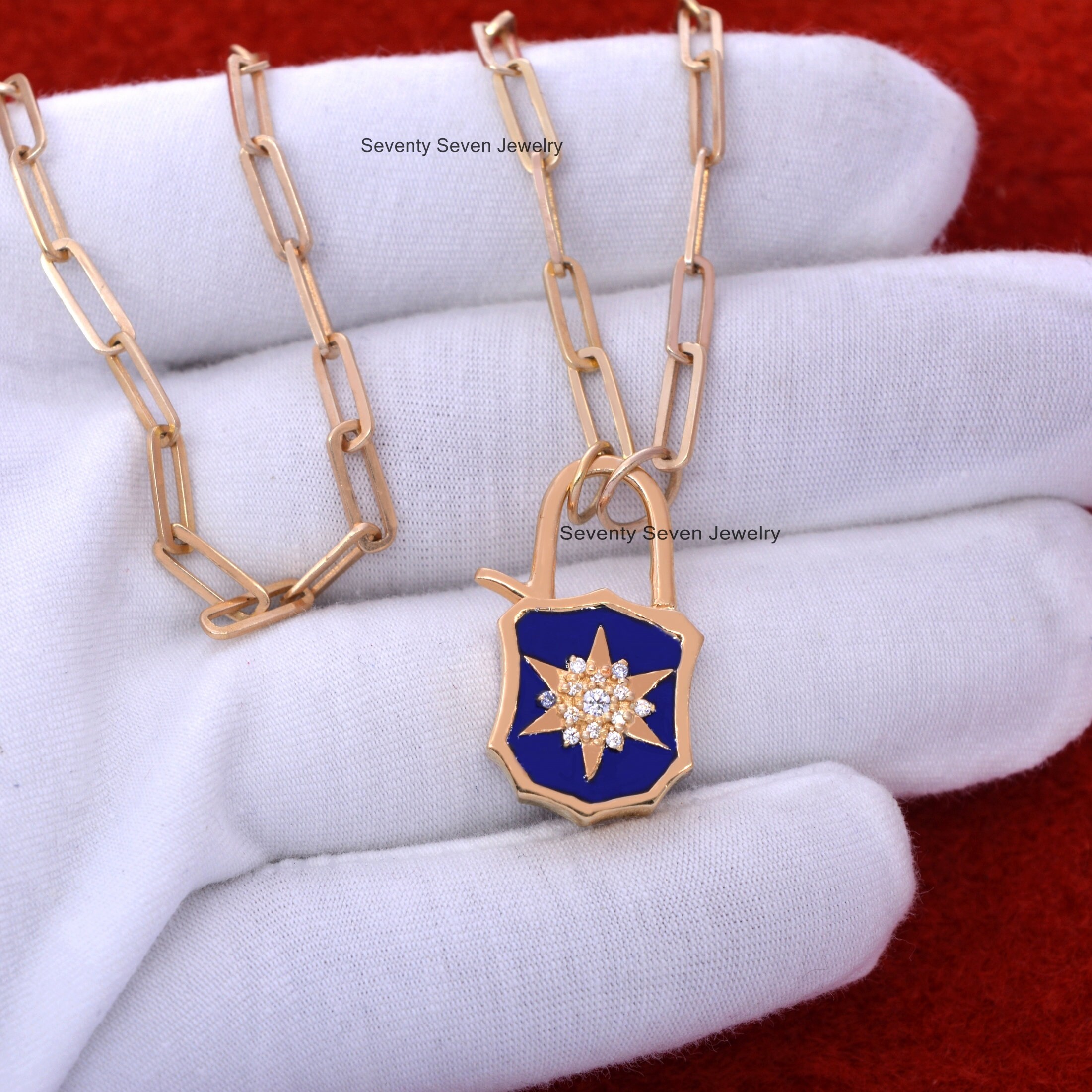 925 Silver Enamel Starburst Padlock Necklace: Handmade Designer Jewelry - View 4 - Seventy Seven Jewelry | SKU: SSMJP499-SLYG 925 Silver Enamel Starburst Padlock Necklace: Handmade Designer Jewelry - View 4 - Seventy Seven Jewelry | SKU: SSMJP499-SLYG