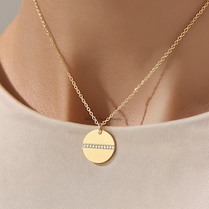14K Gold Plted Round Disc Pendant, Moissanite Disc Pendant, Slender Disc Pendant, Designer Round Disc Pendant, Pave Line Disc Pendant