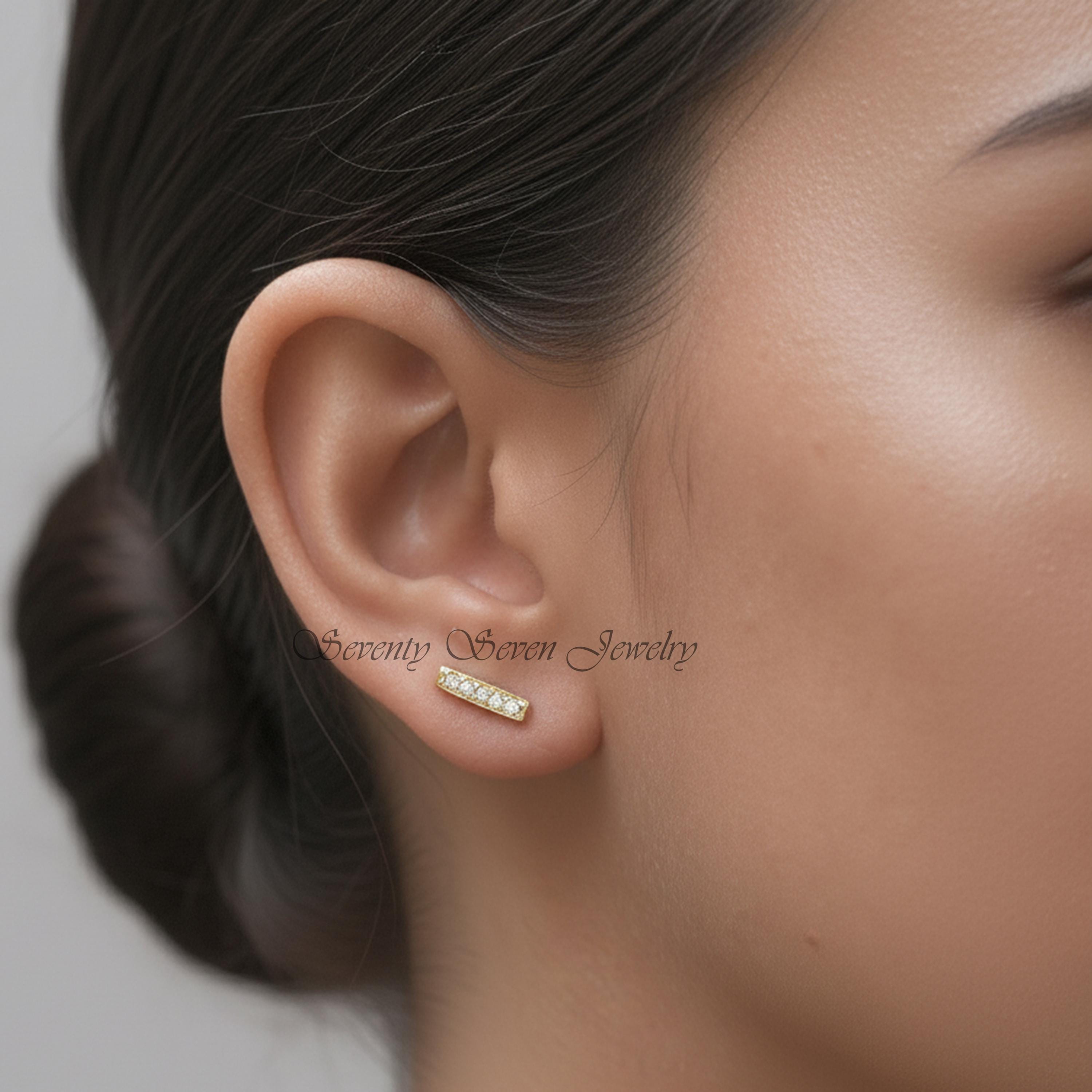 14K Gold Lab-Grown Diamond Bar Studs, Pushback Earrings - View 2 - Seventy Seven Jewelry | SKU: SSMJE1500- 14K Gold Lab-Grown Diamond Bar Studs, Pushback Earrings - View 2 - Seventy Seven Jewelry | SKU: SSMJE1500-
