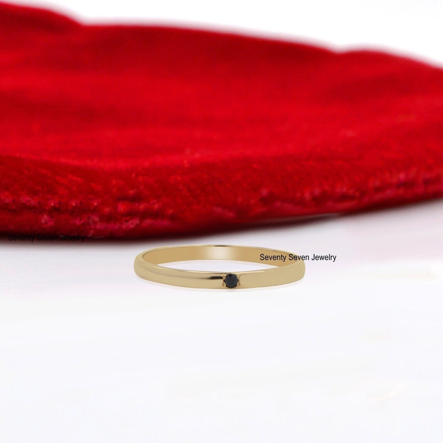 14K Gold Black Diamond Band: Dainty Stackable Ring - View 6 - Seventy Seven Jewelry | SKU: SSMJR395-14KYGBDI-2026 14K Gold Black Diamond Band: Dainty Stackable Ring - View 6 - Seventy Seven Jewelry | SKU: SSMJR395-14KYGBDI-2026