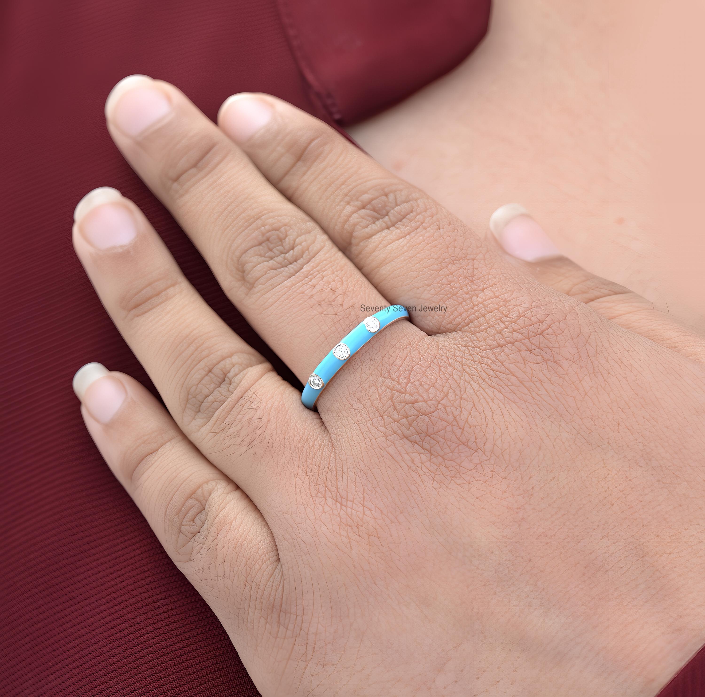 925 Silver Multi Color Enamel Ring: Moissanite Stacking Band - View 3 - Seventy Seven Jewelry | SKU: SSMJR766-SLYGELTQ-2026 925 Silver Multi Color Enamel Ring: Moissanite Stacking Band - View 3 - Seventy Seven Jewelry | SKU: SSMJR766-SLYGELTQ-2026