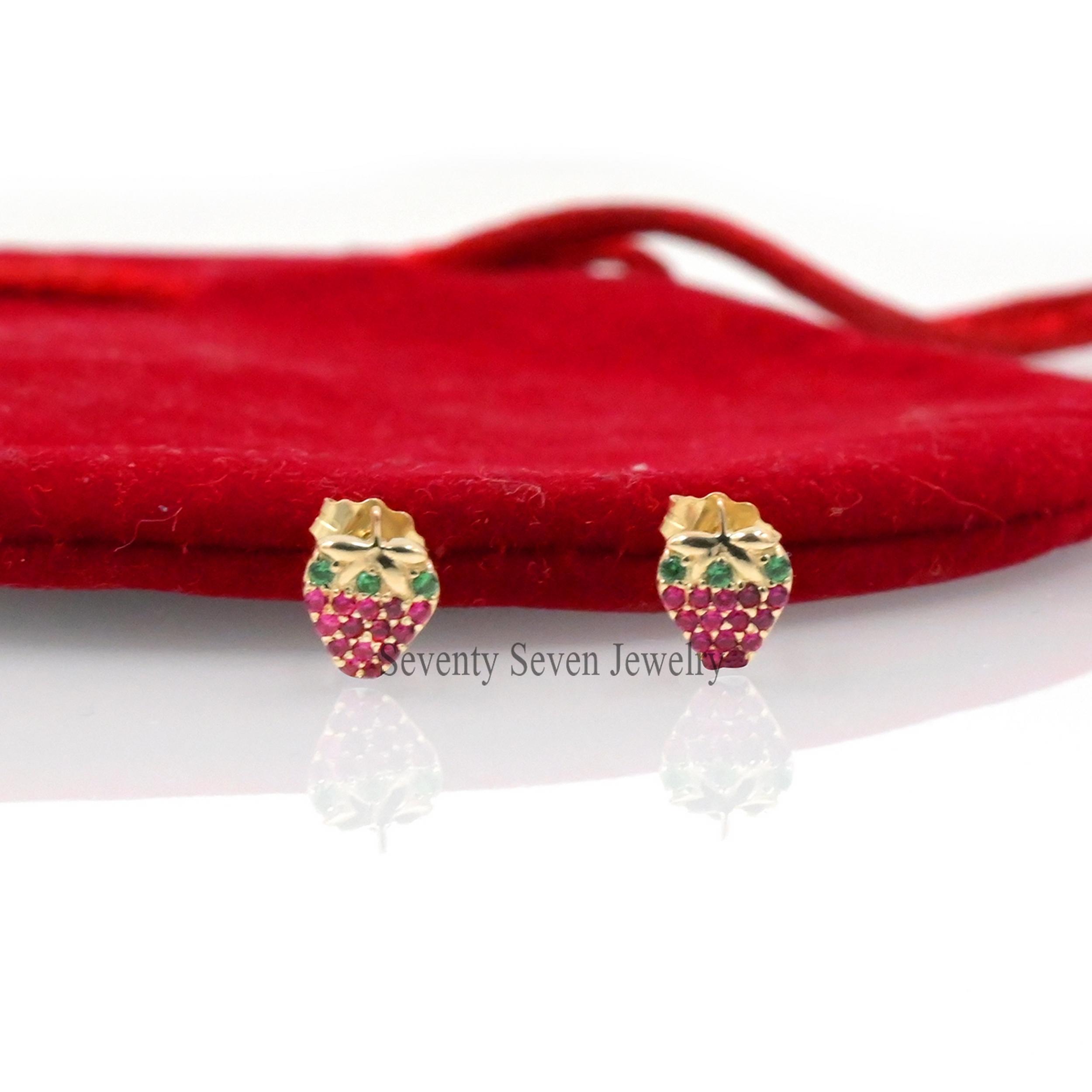 14k Gold Strawberry Studs: Ruby & Emerald Berry Earrings - View 7 - Seventy Seven Jewelry | SKU: SSMJE892-14KYGEMRU-2026 14k Gold Strawberry Studs: Ruby & Emerald Berry Earrings - View 7 - Seventy Seven Jewelry | SKU: SSMJE892-14KYGEMRU-2026