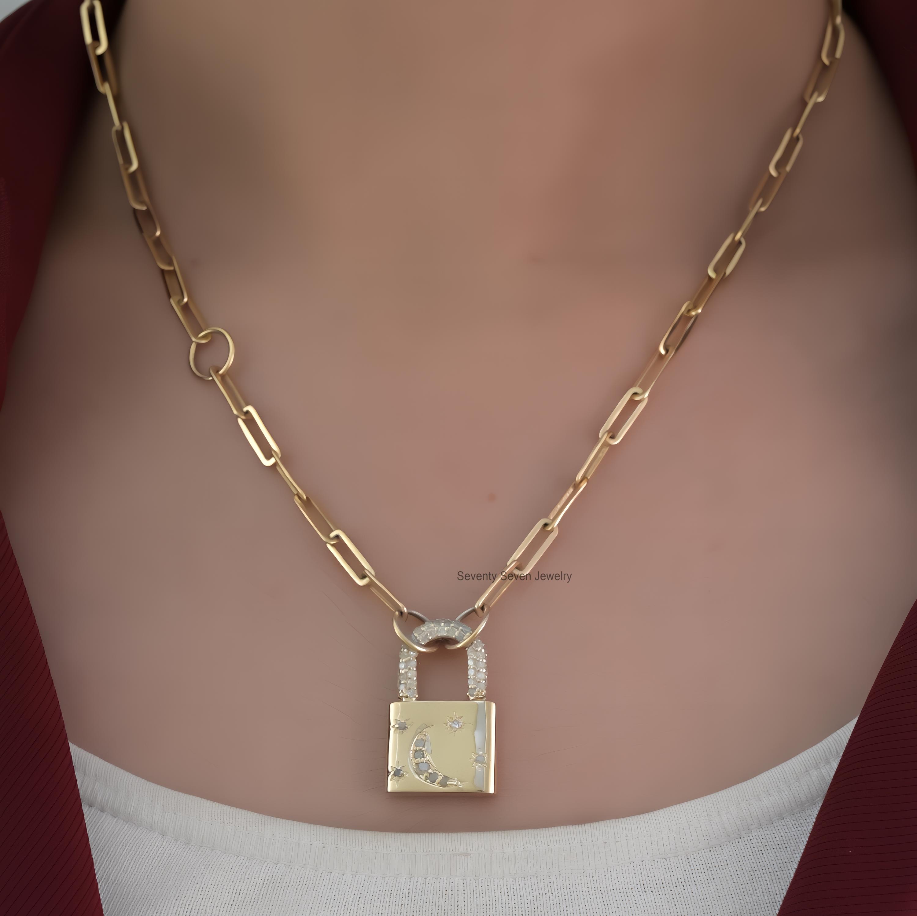 9K Solid Gold Pave Diamond Padlock Pendant: Moon & Star Jewelry - View 2 - Seventy Seven Jewelry | SKU: SSMJP43-9KYGPSP,SSMJP 9K Solid Gold Pave Diamond Padlock Pendant: Moon & Star Jewelry - View 2 - Seventy Seven Jewelry | SKU: SSMJP43-9KYGPSP,SSMJP