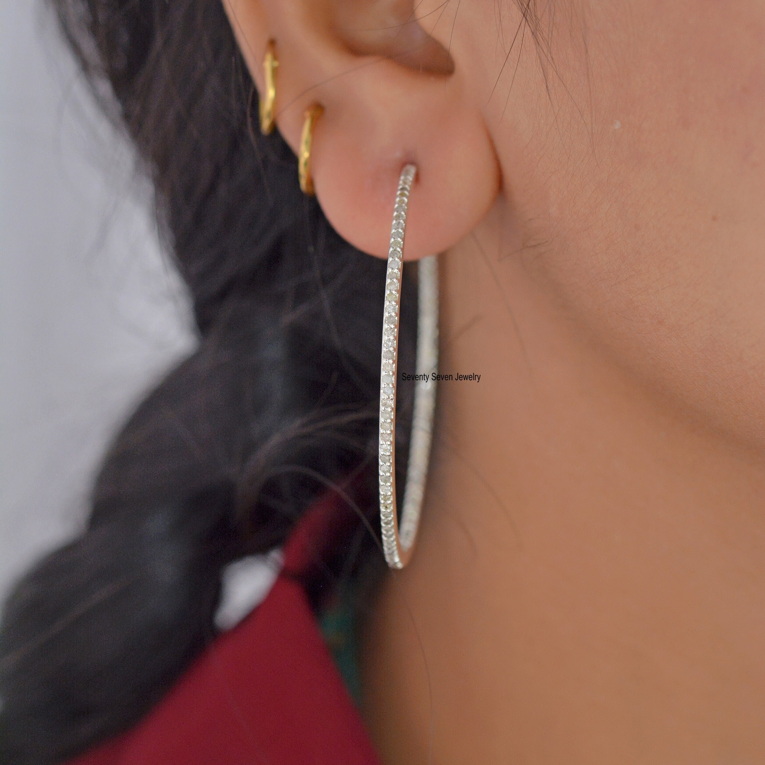 925 Silver Diamond Hoop Earrings: Large Pave Hoops, 50 MM - View 2 - Seventy Seven Jewelry | SKU: SSMJE02-SLYGDI-2026,SSMJE02 925 Silver Diamond Hoop Earrings: Large Pave Hoops, 50 MM - View 2 - Seventy Seven Jewelry | SKU: SSMJE02-SLYGDI-2026,SSMJE02