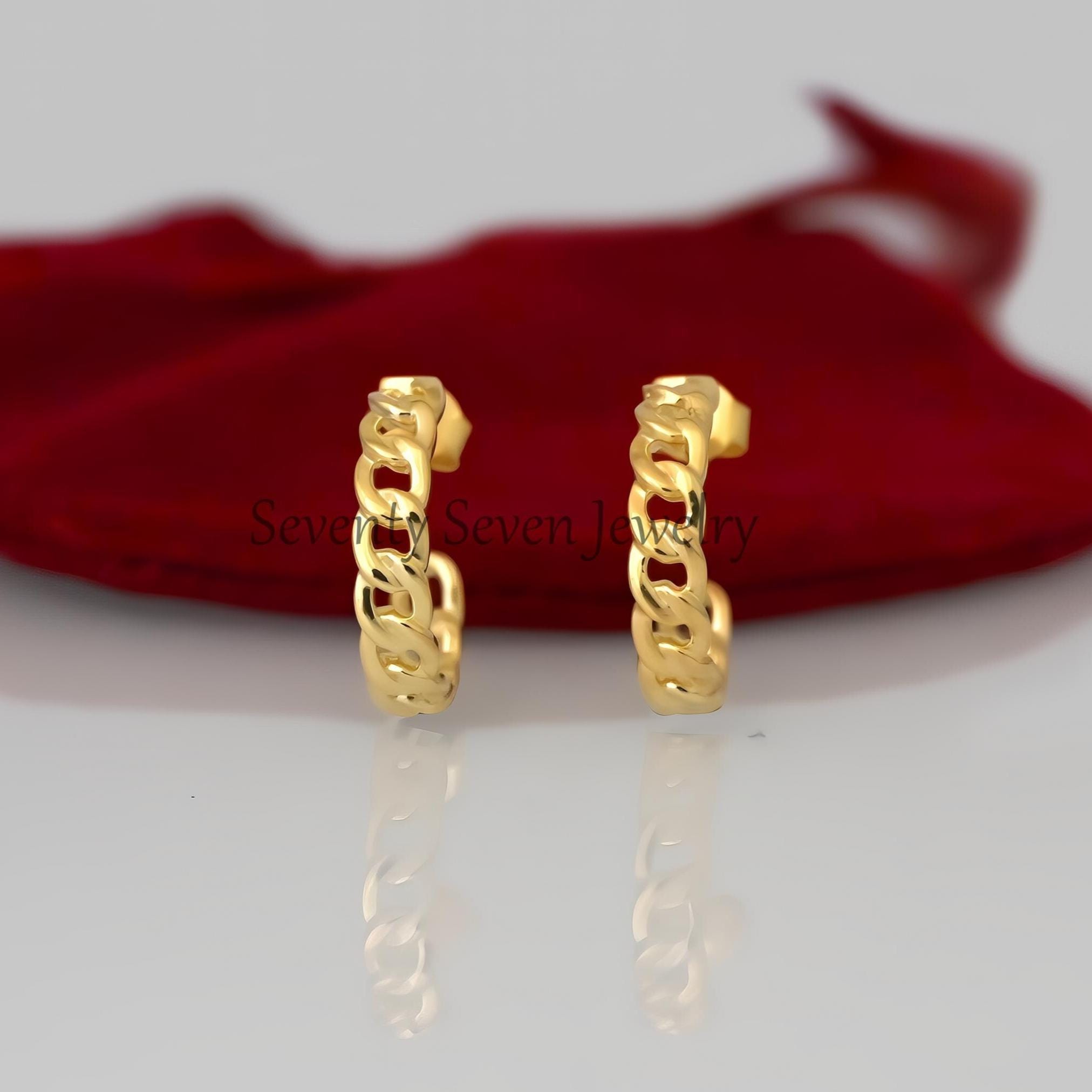 14K Gold Cuban Hoop Earrings: Curb Chain Studs - View 3 - Seventy Seven Jewelry | SKU: SSMJE1849-SLYG-20M 14K Gold Cuban Hoop Earrings: Curb Chain Studs - View 3 - Seventy Seven Jewelry | SKU: SSMJE1849-SLYG-20M