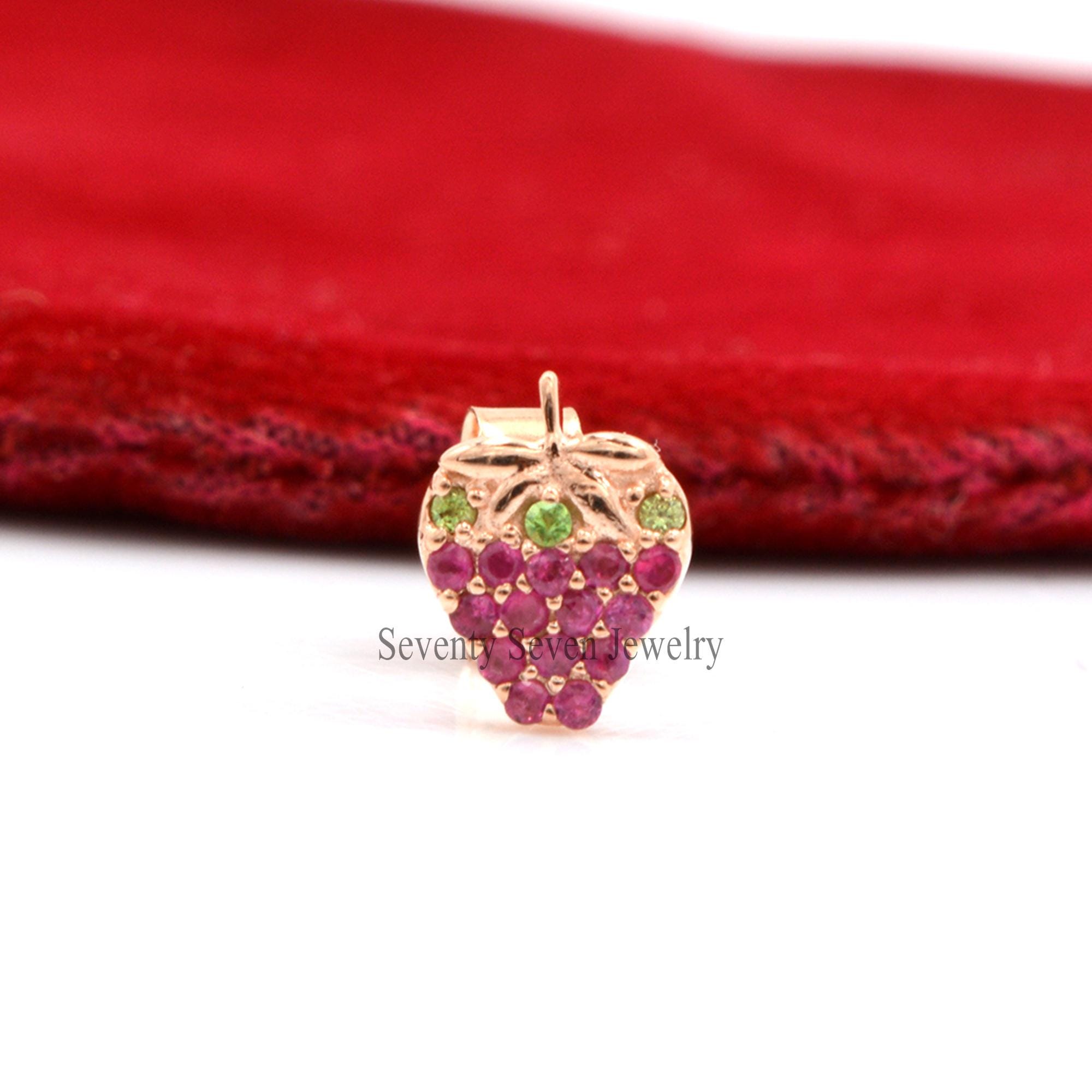 14k Gold Strawberry Studs: Ruby & Emerald Berry Earrings - View 5 - Seventy Seven Jewelry | SKU: SSMJE892-14KYGEMRU-2026 14k Gold Strawberry Studs: Ruby & Emerald Berry Earrings - View 5 - Seventy Seven Jewelry | SKU: SSMJE892-14KYGEMRU-2026