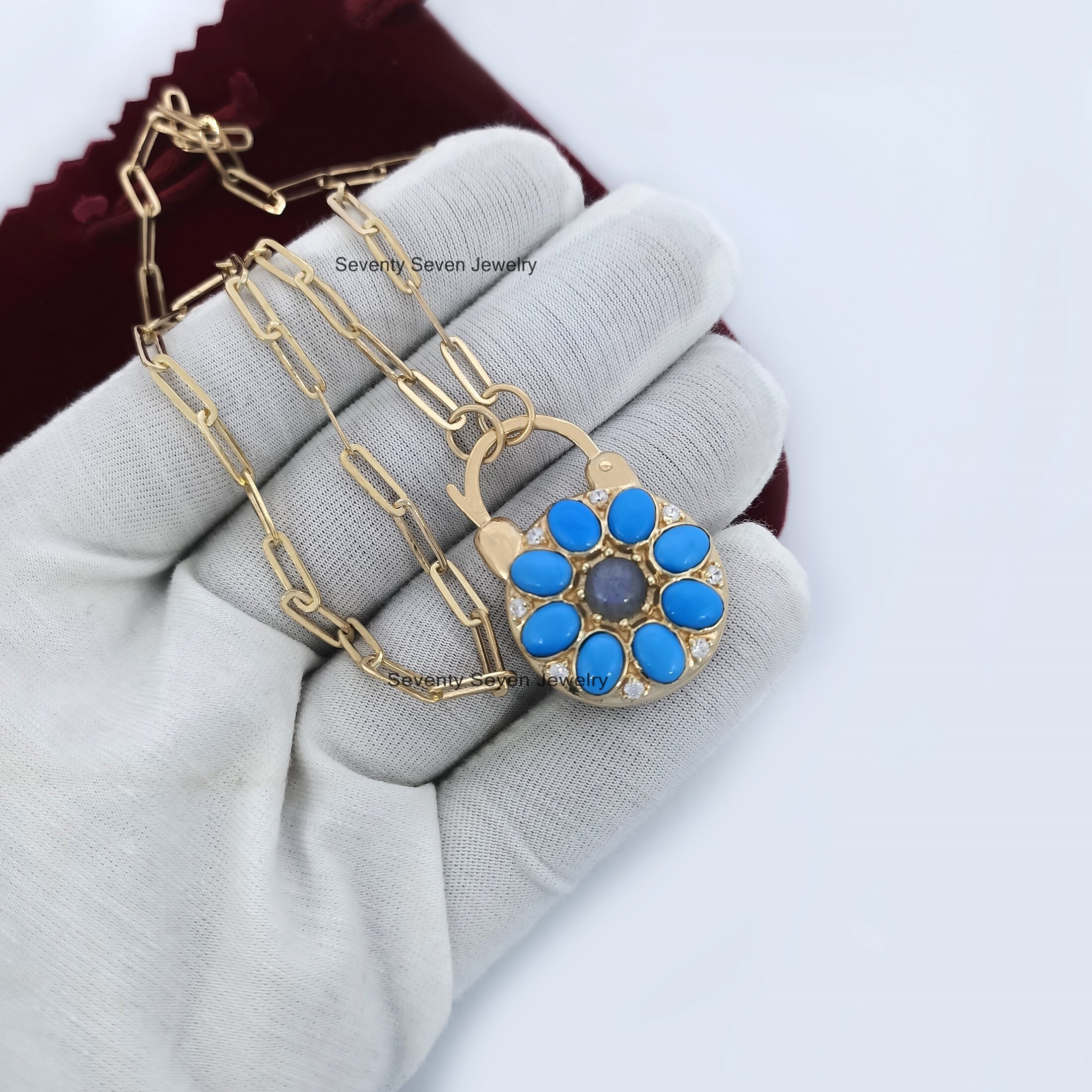 Turquoise Flower Padlock: 14K Gold Vermeil, 925 Silver Connector - View 5 - Seventy Seven Jewelry | SKU: SSMJP505-SLYGTQLBWT- Turquoise Flower Padlock: 14K Gold Vermeil, 925 Silver Connector - View 5 - Seventy Seven Jewelry | SKU: SSMJP505-SLYGTQLBWT-