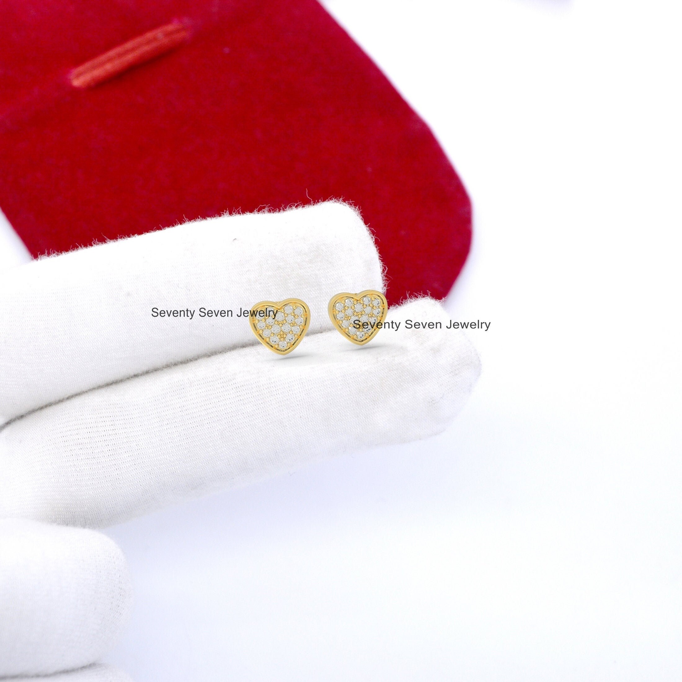 14K Gold Diamond Heart Studs: Minimalist Gemstone Earrings (6MM) - View 5 - Seventy Seven Jewelry | SKU: SSMJE307-14KYGDI-202 14K Gold Diamond Heart Studs: Minimalist Gemstone Earrings (6MM) - View 5 - Seventy Seven Jewelry | SKU: SSMJE307-14KYGDI-202
