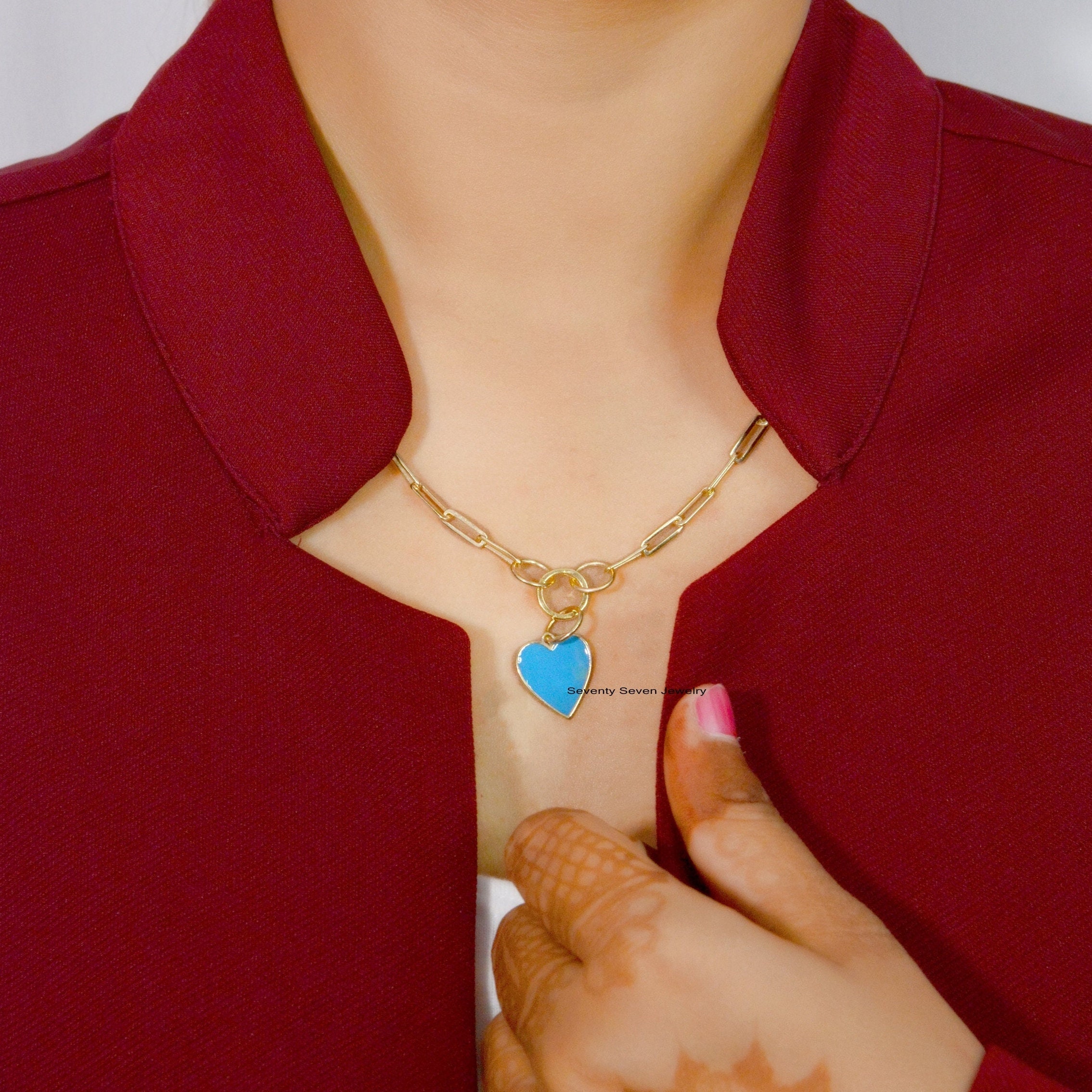 Sterling Silver Enamel Heart Pendant: Turquoise Charm - View 2 - Seventy Seven Jewelry | SKU: SSMJP507-SLYGELB-21M-2026 Sterling Silver Enamel Heart Pendant: Turquoise Charm - View 2 - Seventy Seven Jewelry | SKU: SSMJP507-SLYGELB-21M-2026