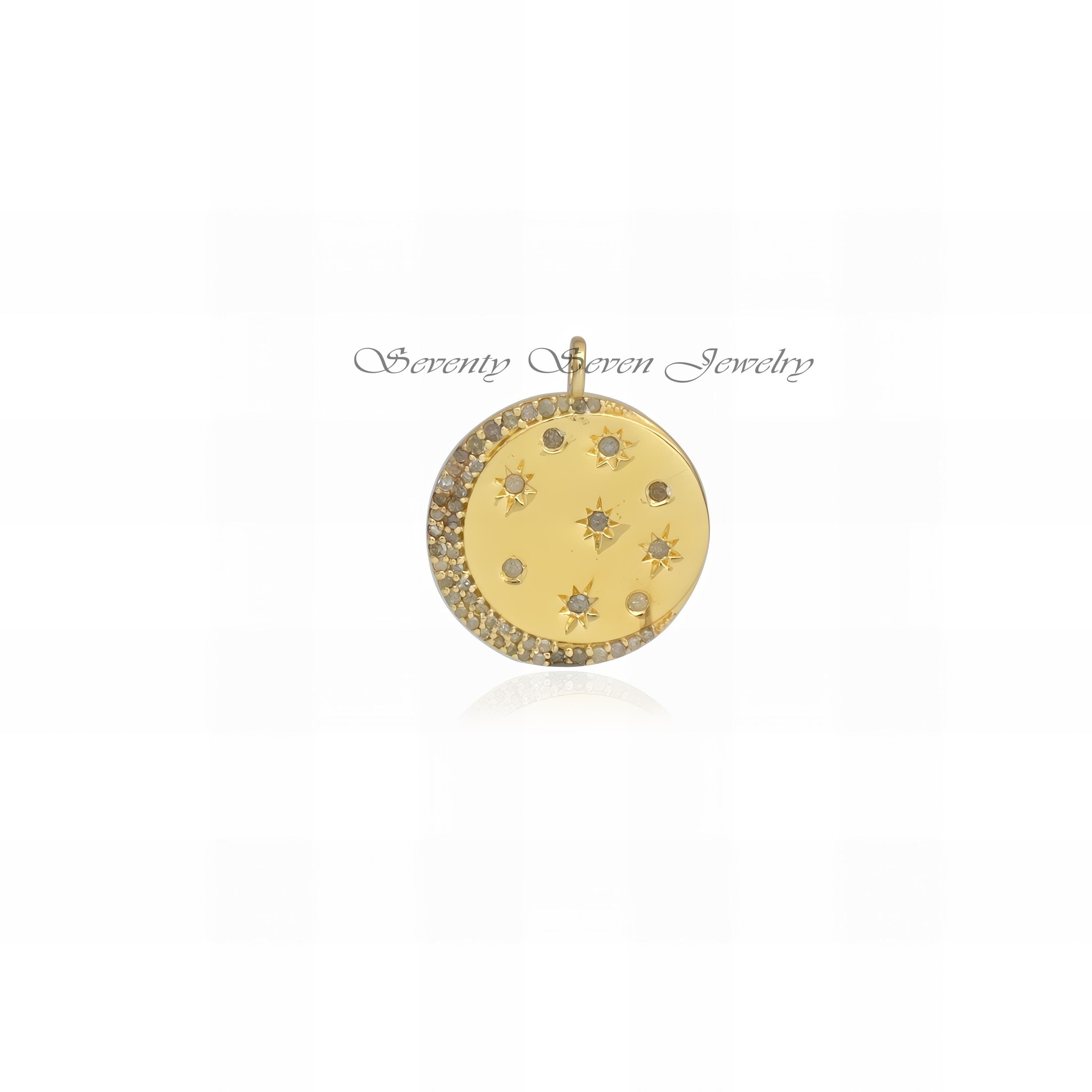 Diamond Star Moon Pendant: 925 Silver Celestial Disc Charm - View 5 - Seventy Seven Jewelry | SKU: SSMJP696-SLYGDI-2026 Diamond Star Moon Pendant: 925 Silver Celestial Disc Charm - View 5 - Seventy Seven Jewelry | SKU: SSMJP696-SLYGDI-2026