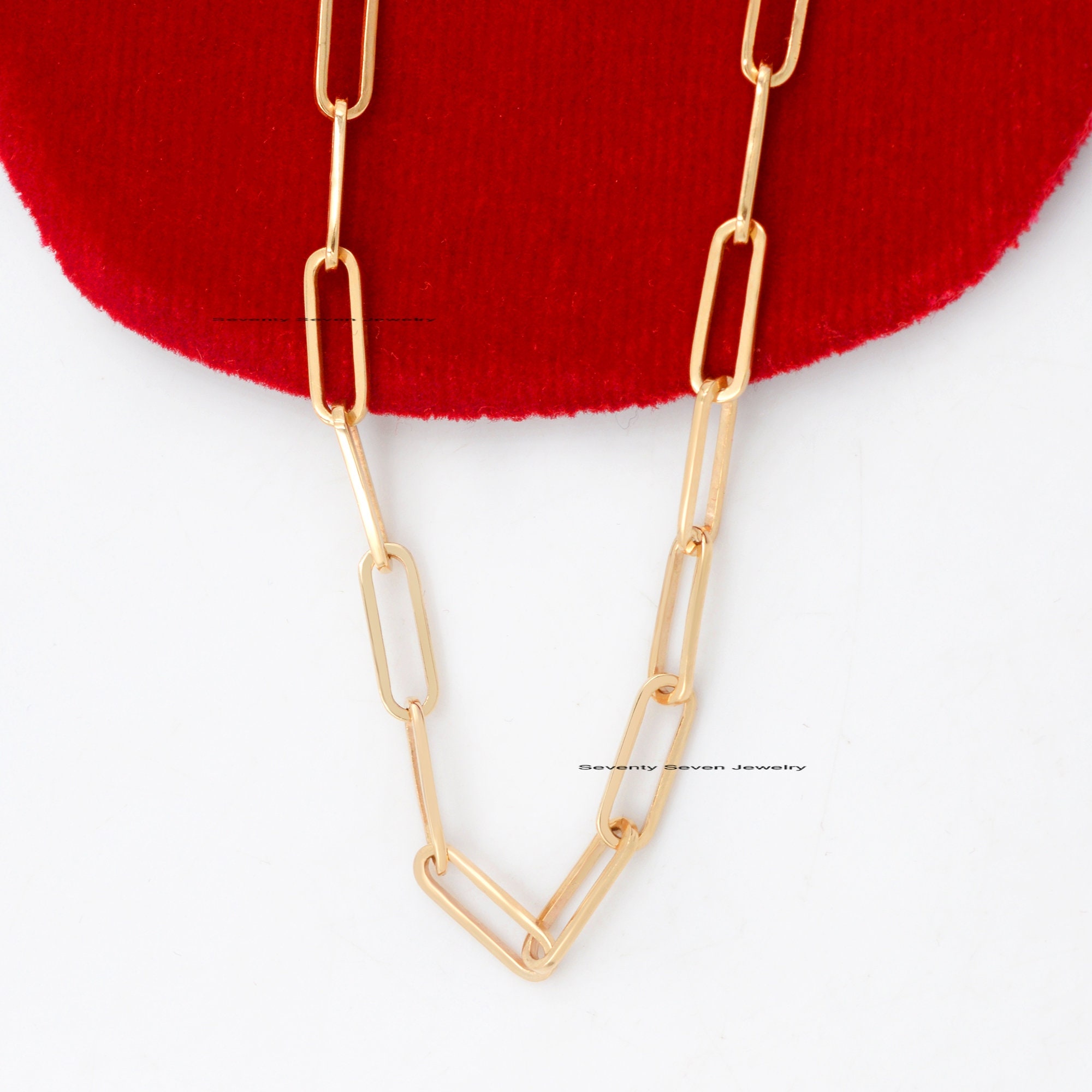 14k Gold Paperclip Chain Necklace: Rectangle Link, Adjustable Length - View 7 - Seventy Seven Jewelry | SKU: SSG1-14KYG-12M-1 14k Gold Paperclip Chain Necklace: Rectangle Link, Adjustable Length - View 7 - Seventy Seven Jewelry | SKU: SSG1-14KYG-12M-1