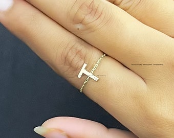 Anillo de cadena inicial de diamante de oro de 14k, anillo de cadena de oro personalizado, anillo de letra de diamante mini, anillo inicial