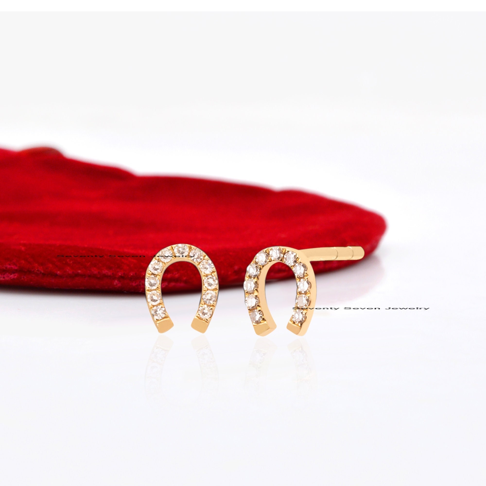 14k Gold Diamond Horseshoe Studs: Lucky Earrings, 10MM - View 4 - Seventy Seven Jewelry | SKU: SSMJE1797-14KYGDI-10M-2026 14k Gold Diamond Horseshoe Studs: Lucky Earrings, 10MM - View 4 - Seventy Seven Jewelry | SKU: SSMJE1797-14KYGDI-10M-2026