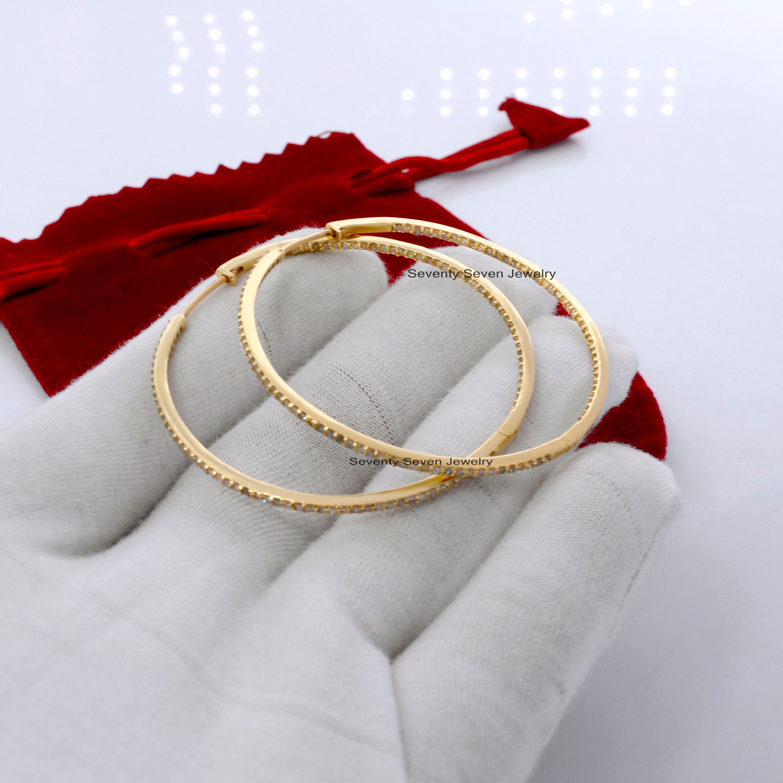 14K Gold Pave Diamond Hoop Earrings - 50mm - View 2 - Seventy Seven Jewelry | SKU: SSMJE02-14KYGTQ,SSMJE02-14KYGYSP,SSMJE02-1 14K Gold Pave Diamond Hoop Earrings - 50mm - View 2 - Seventy Seven Jewelry | SKU: SSMJE02-14KYGTQ,SSMJE02-14KYGYSP,SSMJE02-1