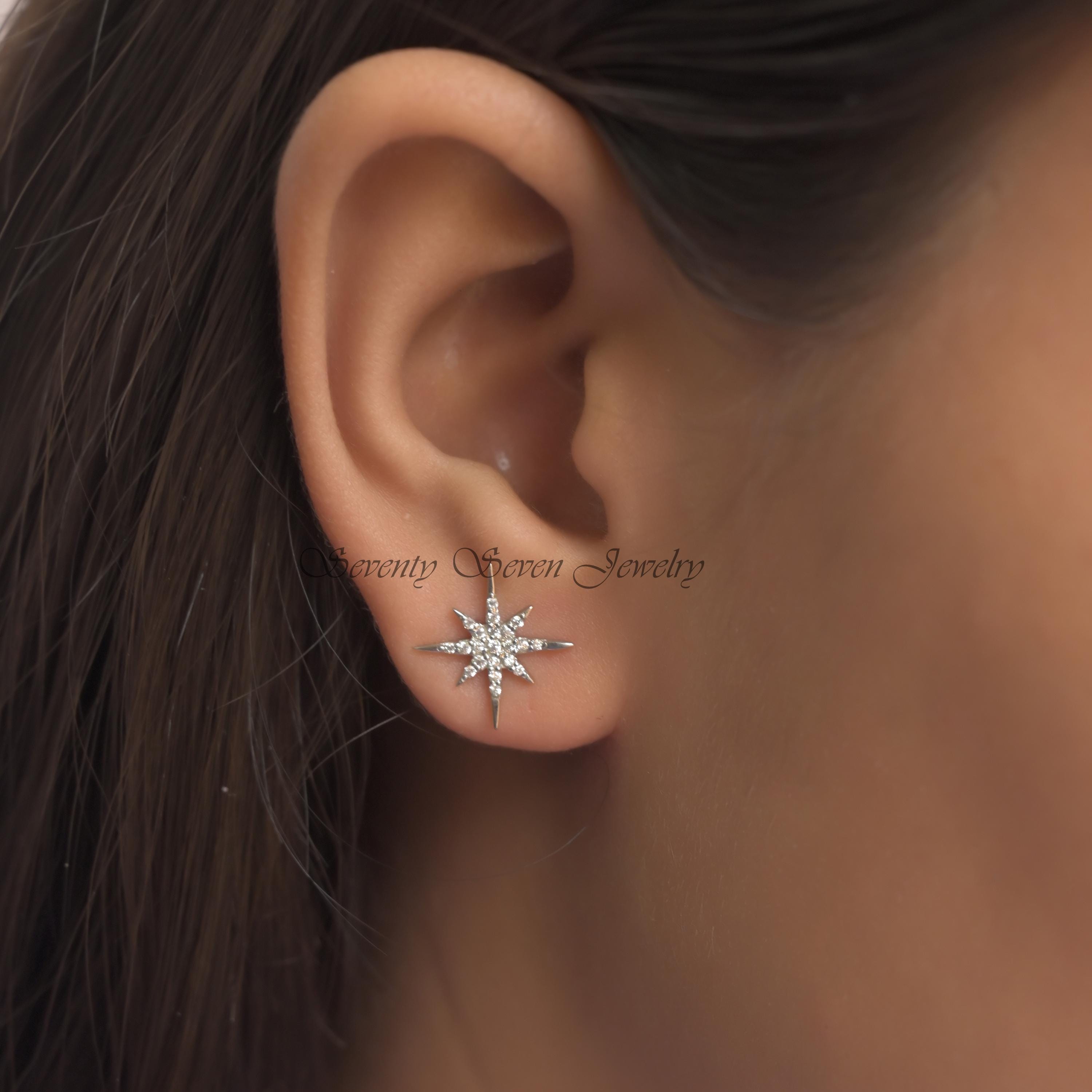 14k Gold Diamond Starburst Stud Earrings, Tiny 12mm Jewelry - View 3 - Seventy Seven Jewelry | SKU: SSMJE325-14KYGDI 14k Gold Diamond Starburst Stud Earrings, Tiny 12mm Jewelry - View 3 - Seventy Seven Jewelry | SKU: SSMJE325-14KYGDI