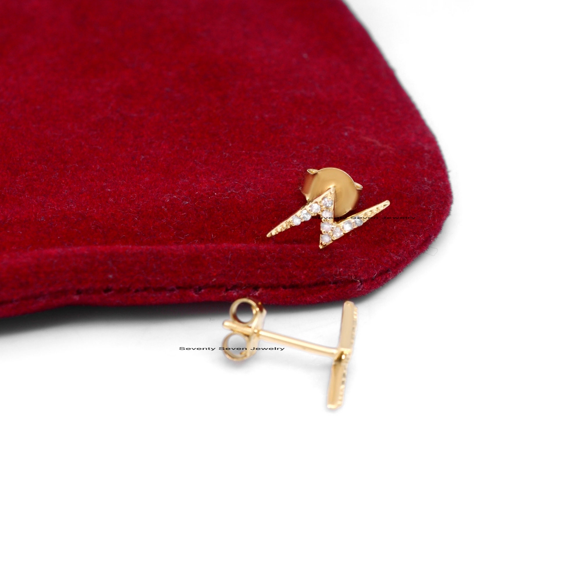 14K Gold Diamond Lightning Bolt Studs: Zig-Zag Earrings - View 7 - Seventy Seven Jewelry | SKU: SSMJE379-14KYGDI-2026 14K Gold Diamond Lightning Bolt Studs: Zig-Zag Earrings - View 7 - Seventy Seven Jewelry | SKU: SSMJE379-14KYGDI-2026