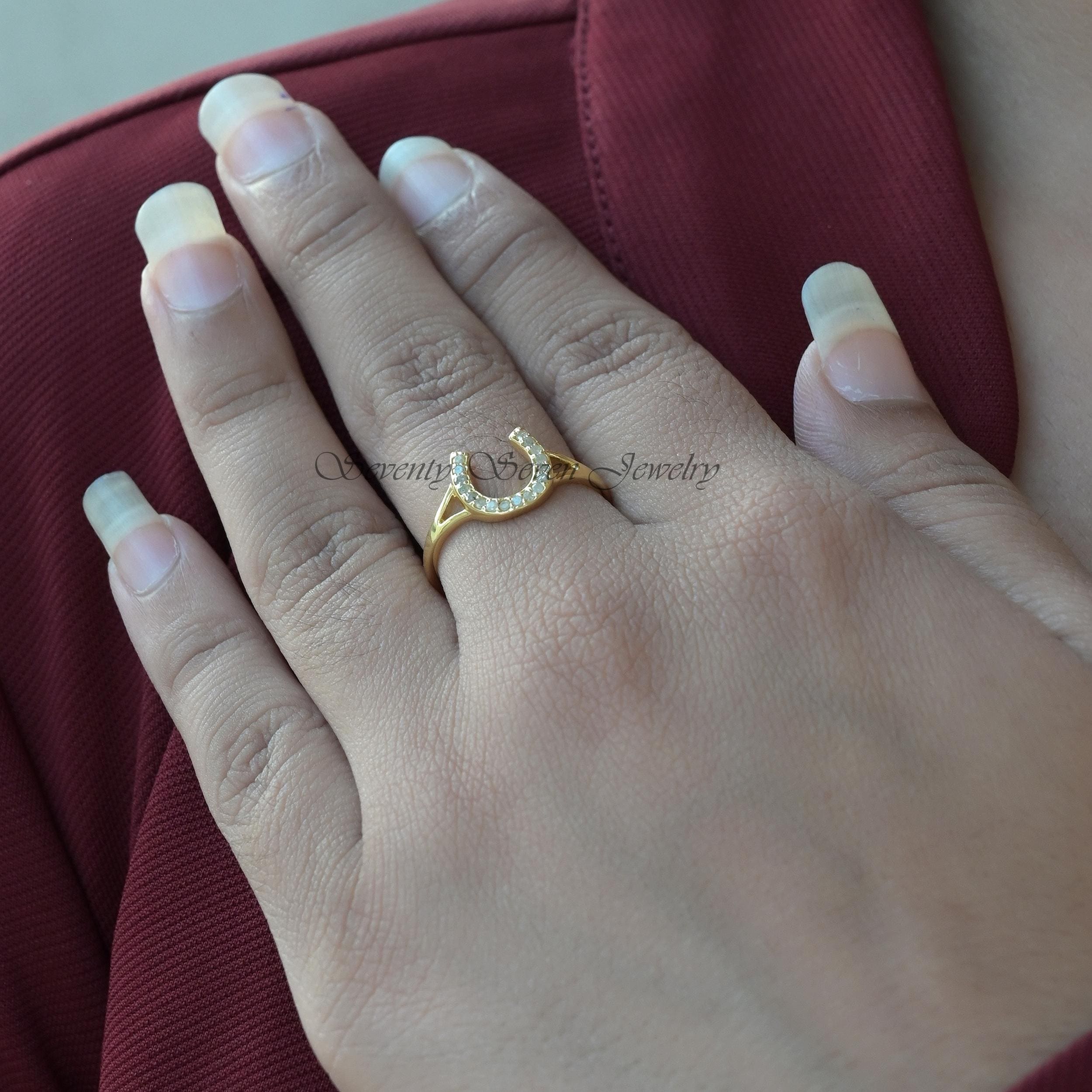 14K Gold Diamond Horseshoe Ring: Lucky Vintage Style - View 3 - Seventy Seven Jewelry | SKU: SSMJR406-14KYGWGDI-2026 14K Gold Diamond Horseshoe Ring: Lucky Vintage Style - View 3 - Seventy Seven Jewelry | SKU: SSMJR406-14KYGWGDI-2026