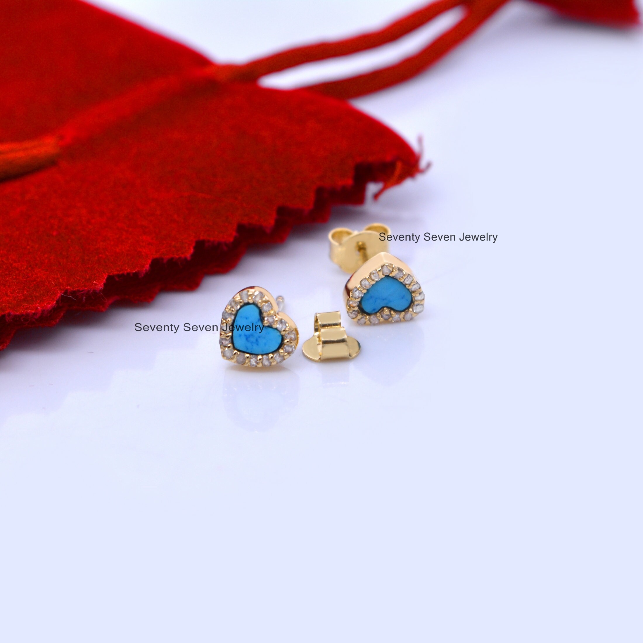 Sterling Silver Turquoise Heart Studs: Minimalist Diamond Earrings - View 5 - Seventy Seven Jewelry | SKU: SSMJE367-SLYGDITQ- Sterling Silver Turquoise Heart Studs: Minimalist Diamond Earrings - View 5 - Seventy Seven Jewelry | SKU: SSMJE367-SLYGDITQ-