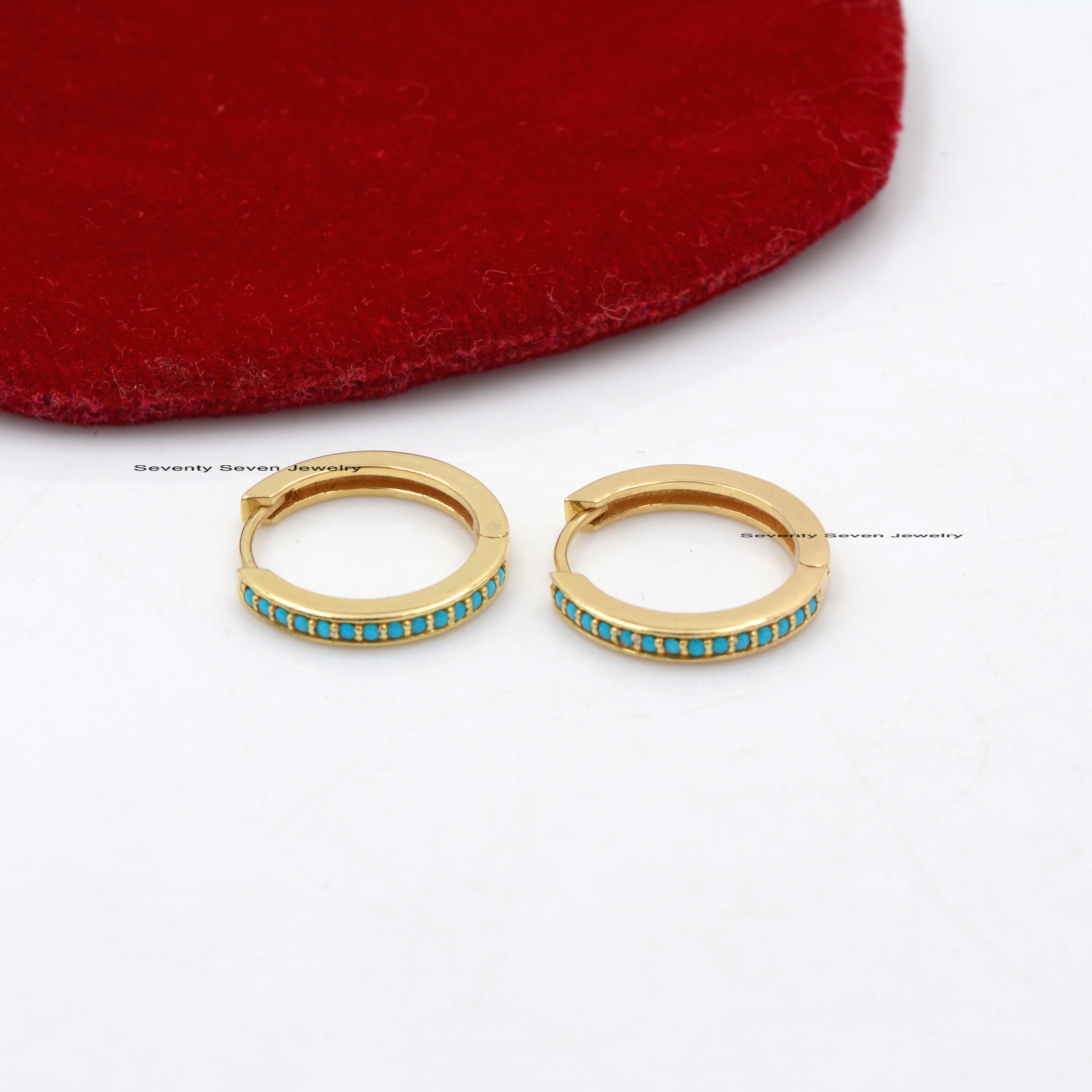 14K Gold Diamond Hoop Huggies: Turquoise Gemstone Earrings (17 MM) - View 4 - Seventy Seven Jewelry | SKU: SSMJE302-14KYGDI-2 14K Gold Diamond Hoop Huggies: Turquoise Gemstone Earrings (17 MM) - View 4 - Seventy Seven Jewelry | SKU: SSMJE302-14KYGDI-2