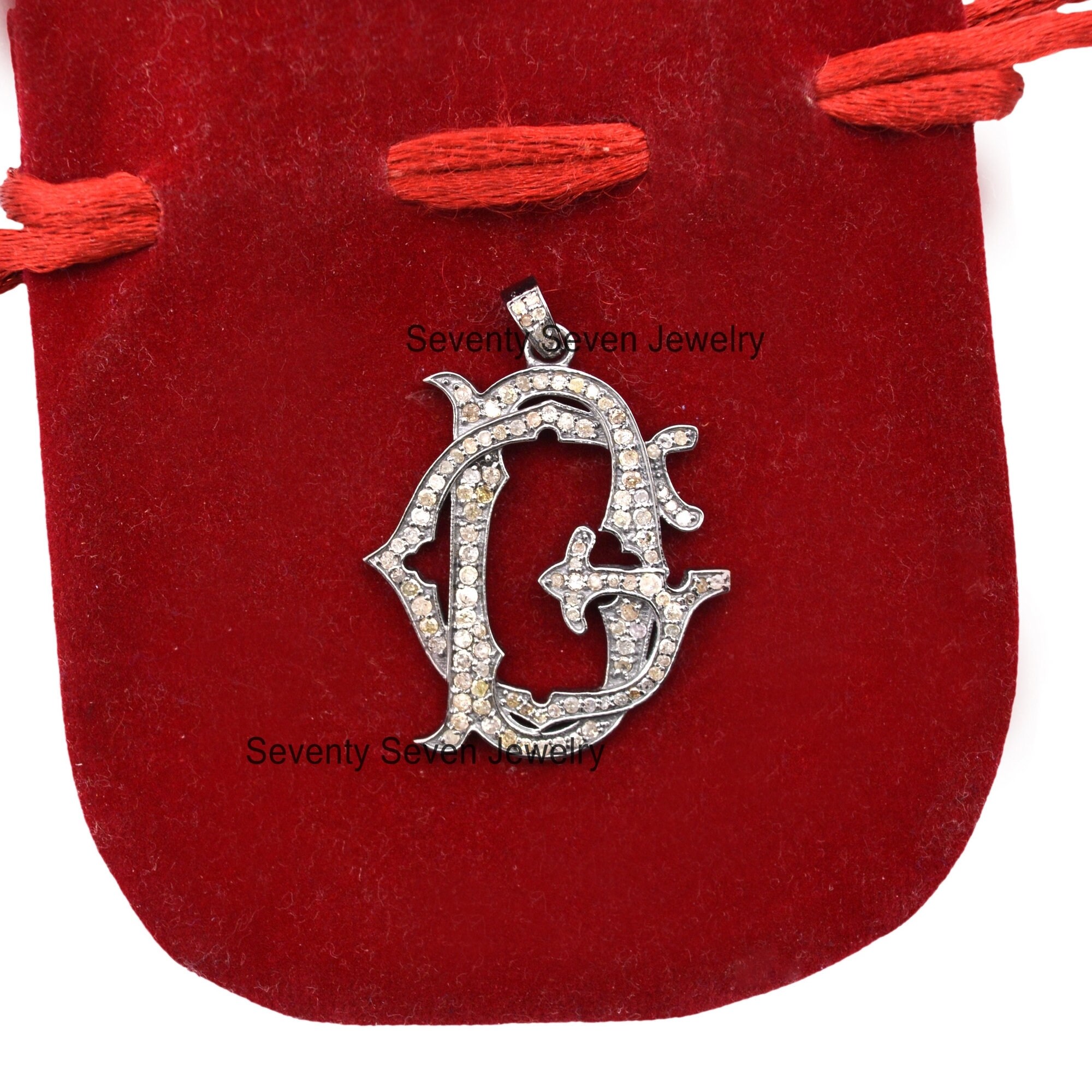 925 Silver Diamond Monogram Pendant: Personalized Initial Necklace - View 6 - Seventy Seven Jewelry | SKU: SSMJP20-SLRHDI-202 925 Silver Diamond Monogram Pendant: Personalized Initial Necklace - View 6 - Seventy Seven Jewelry | SKU: SSMJP20-SLRHDI-202