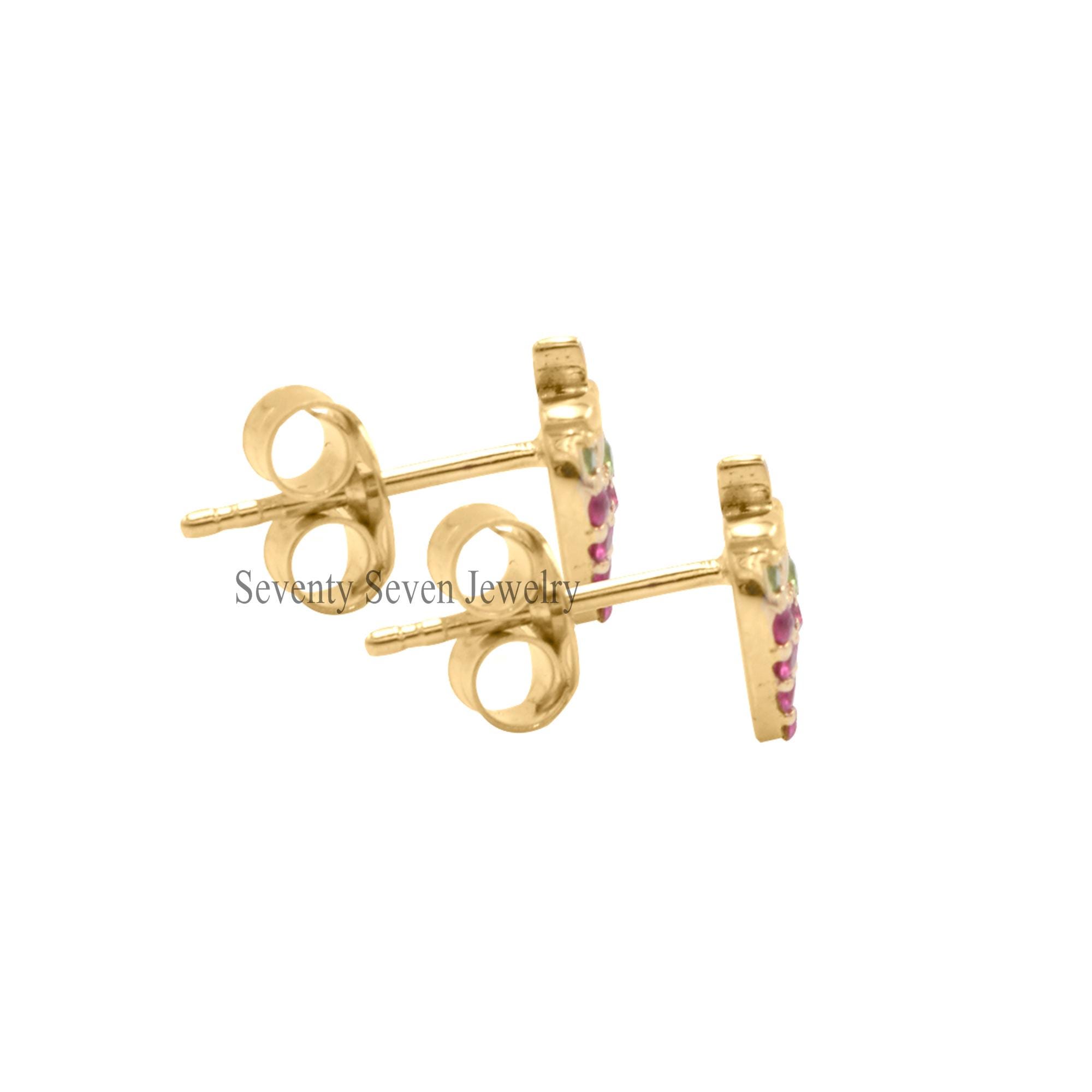 14k Gold Strawberry Studs: Ruby & Emerald Berry Earrings - View 3 - Seventy Seven Jewelry | SKU: SSMJE892-14KYGEMRU-2026 14k Gold Strawberry Studs: Ruby & Emerald Berry Earrings - View 3 - Seventy Seven Jewelry | SKU: SSMJE892-14KYGEMRU-2026