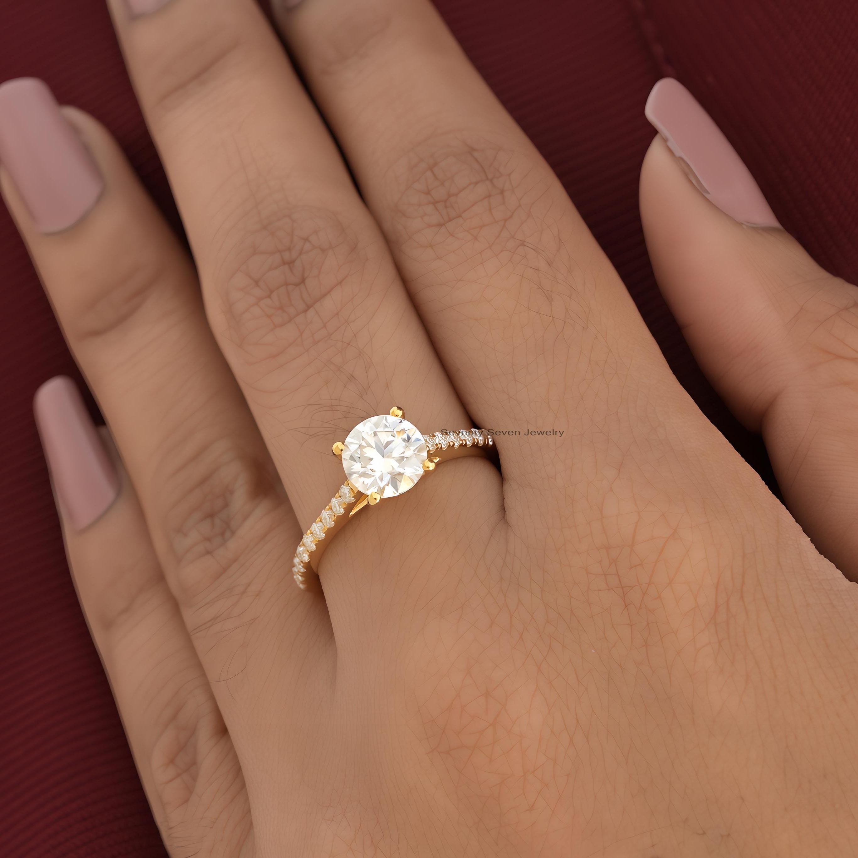 14K Gold Moissanite Diamond Ring: Delicate Side-Stone Proposal Band - Seventy Seven Jewelry | SKU: MJR1927-14KYGMN-2026