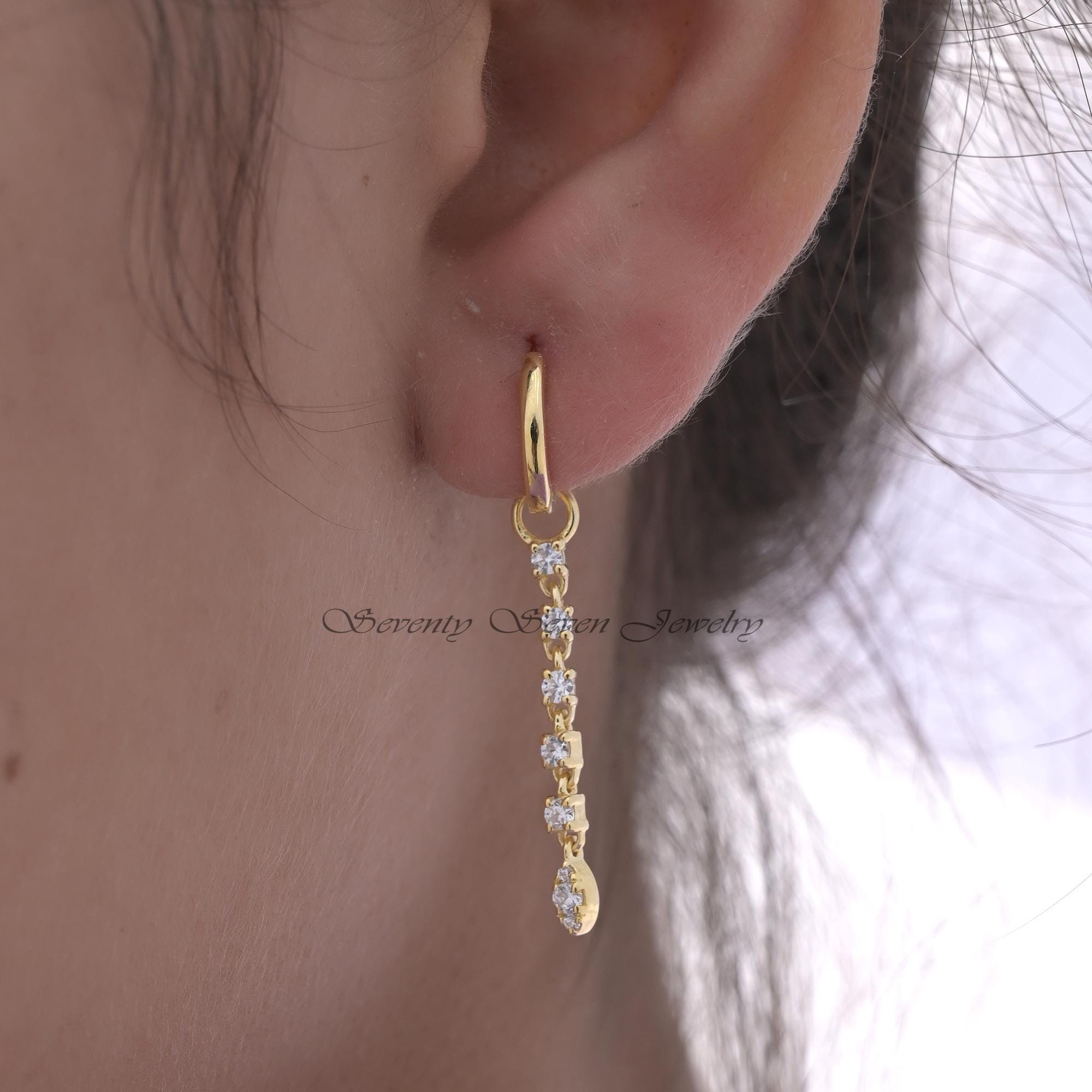 14K Gold Gemstone Drop Dangle Earrings, Thin Huggie Hoop Dangles Moissanite, Jewelry Gift Option - View 3 - Seventy Seven Jew 14K Gold Gemstone Drop Dangle Earrings, Thin Huggie Hoop Dangles Moissanite, Jewelry Gift Option - View 3 - Seventy Seven Jew