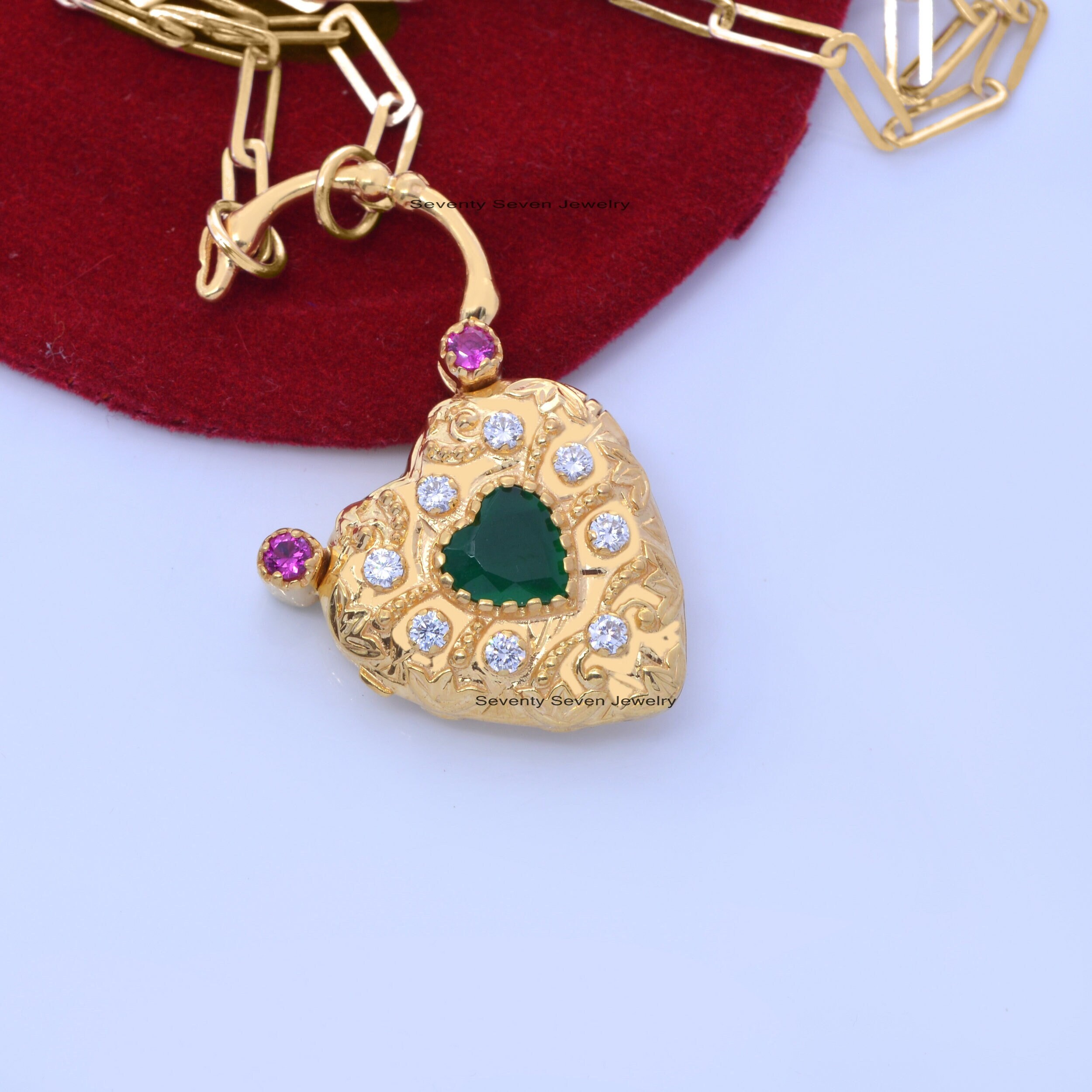 925 Silver Gemstone Heart Padlock: Gold Vermeil Openable Designer - View 6 - Seventy Seven Jewelry | SKU: SSMJP85-SLYGWTPOGO-