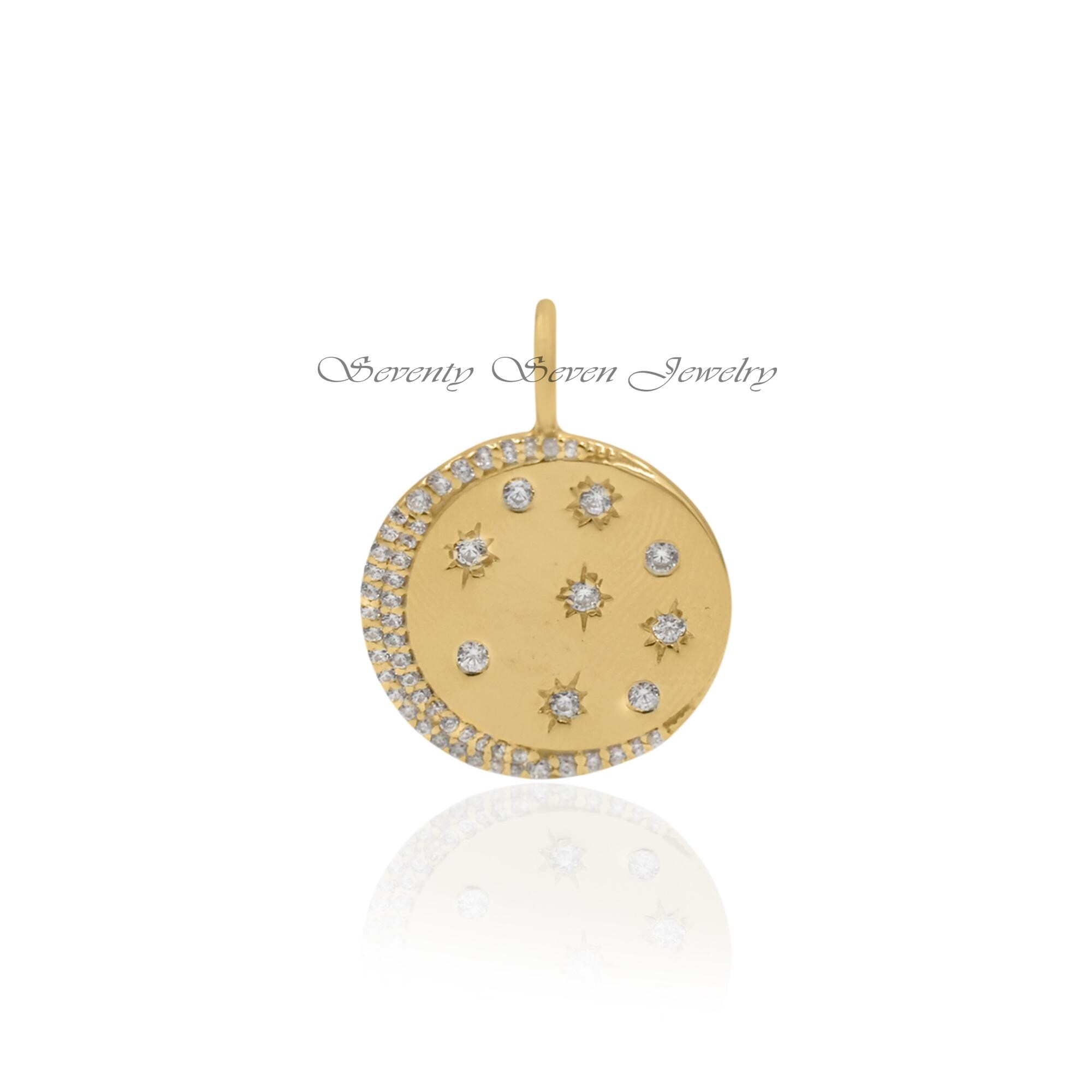 Diamond Star Moon Pendant: 925 Silver Celestial Disc Charm - View 4 - Seventy Seven Jewelry | SKU: SSMJP696-SLYGDI-2026 Diamond Star Moon Pendant: 925 Silver Celestial Disc Charm - View 4 - Seventy Seven Jewelry | SKU: SSMJP696-SLYGDI-2026