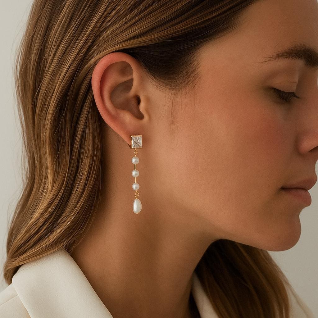 14K Gold Plated Rhinestone & Faux Pearl Decor Drop Earrings - Seventy Seven Jewelry | SKU: SSMJE 14K Gold Plated Rhinestone & Faux Pearl Decor Drop Earrings - Seventy Seven Jewelry | SKU: SSMJE