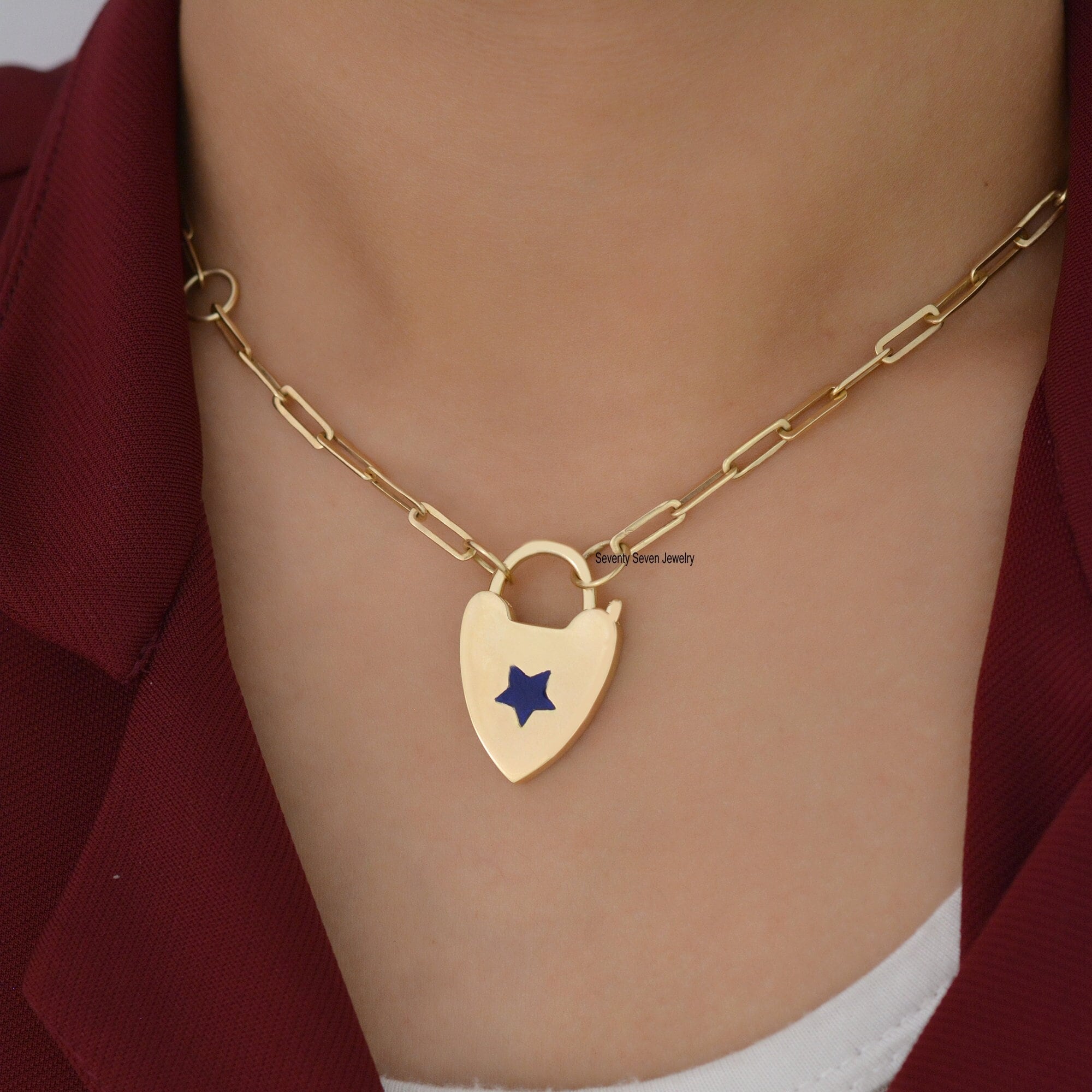 925 Silver Enamel Star Heart Padlock Pendant - View 2 - Seventy Seven Jewelry | SKU: SSMJP47-SLYGELP-2026