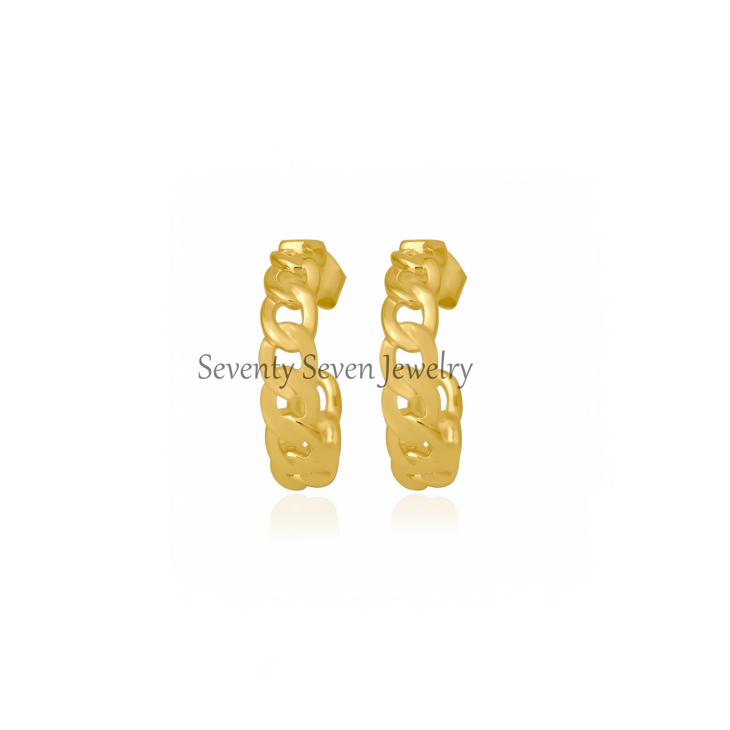 14K Gold Cuban Hoop Earrings: Curb Chain Studs - View 4 - Seventy Seven Jewelry | SKU: SSMJE1849-SLYG-20M 14K Gold Cuban Hoop Earrings: Curb Chain Studs - View 4 - Seventy Seven Jewelry | SKU: SSMJE1849-SLYG-20M
