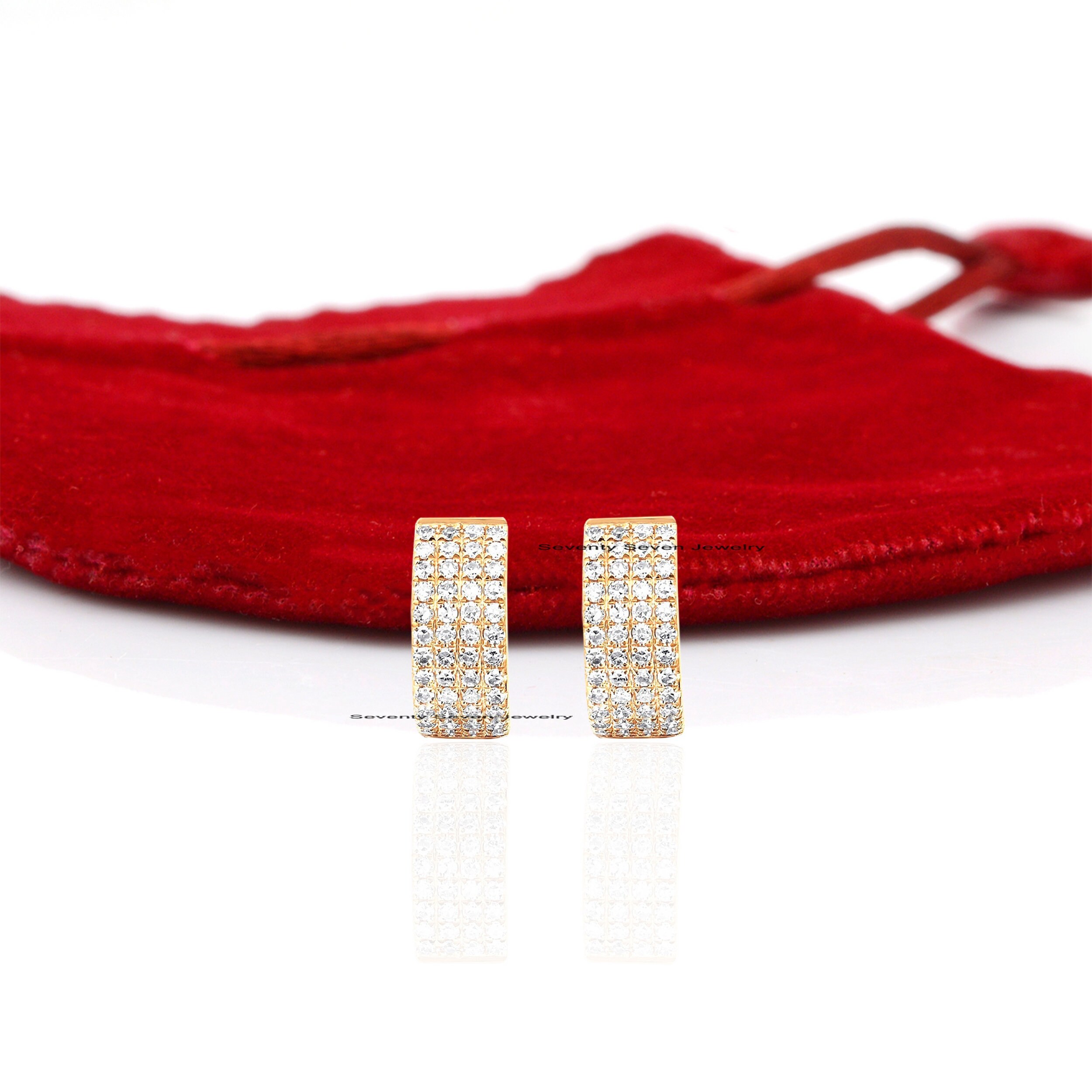 925 Silver Diamond Hoop Earrings: Wide CZ Huggies - View 2 - Seventy Seven Jewelry | SKU: SSMJE958-SLYGDI-2026 925 Silver Diamond Hoop Earrings: Wide CZ Huggies - View 2 - Seventy Seven Jewelry | SKU: SSMJE958-SLYGDI-2026