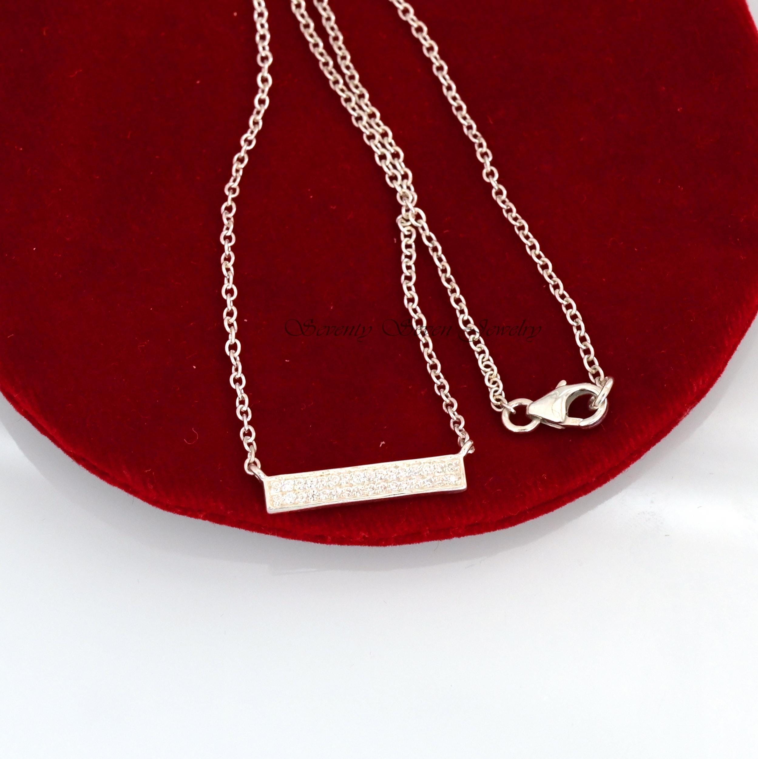 14K Gold Plated Moissanite Bar Necklace: Dainty Rectangle Charm - View 5 - Seventy Seven Jewelry | SKU: SSMJN1051-SLNSMN-14I 14K Gold Plated Moissanite Bar Necklace: Dainty Rectangle Charm - View 5 - Seventy Seven Jewelry | SKU: SSMJN1051-SLNSMN-14I