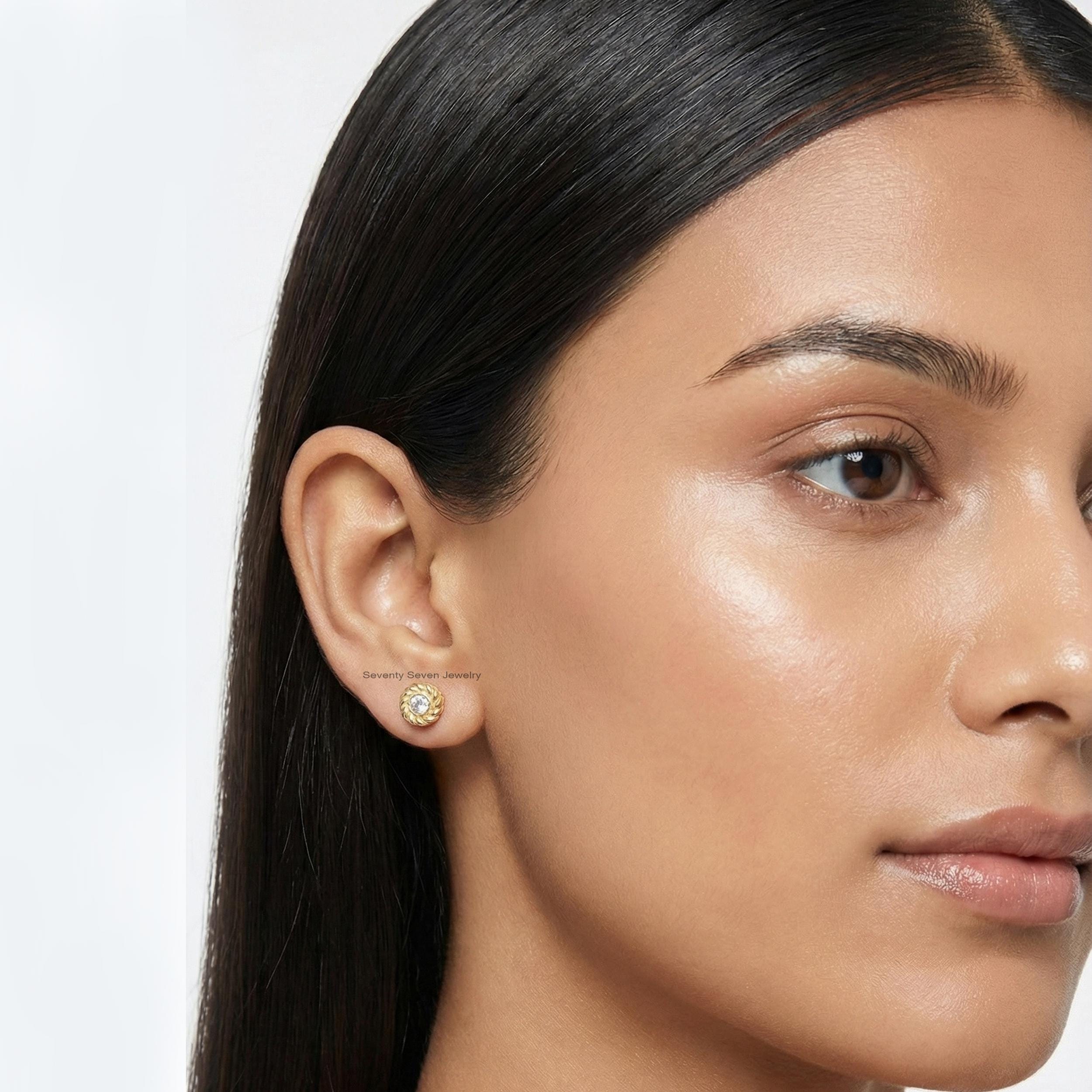 Solid 14K Gold twisted Stud Earrings, Petite Dainty Jewelry, Lab-Created Diamond - View 4 - Seventy Seven Jewelry | SKU: SSMJ Solid 14K Gold twisted Stud Earrings, Petite Dainty Jewelry, Lab-Created Diamond - View 4 - Seventy Seven Jewelry | SKU: SSMJ