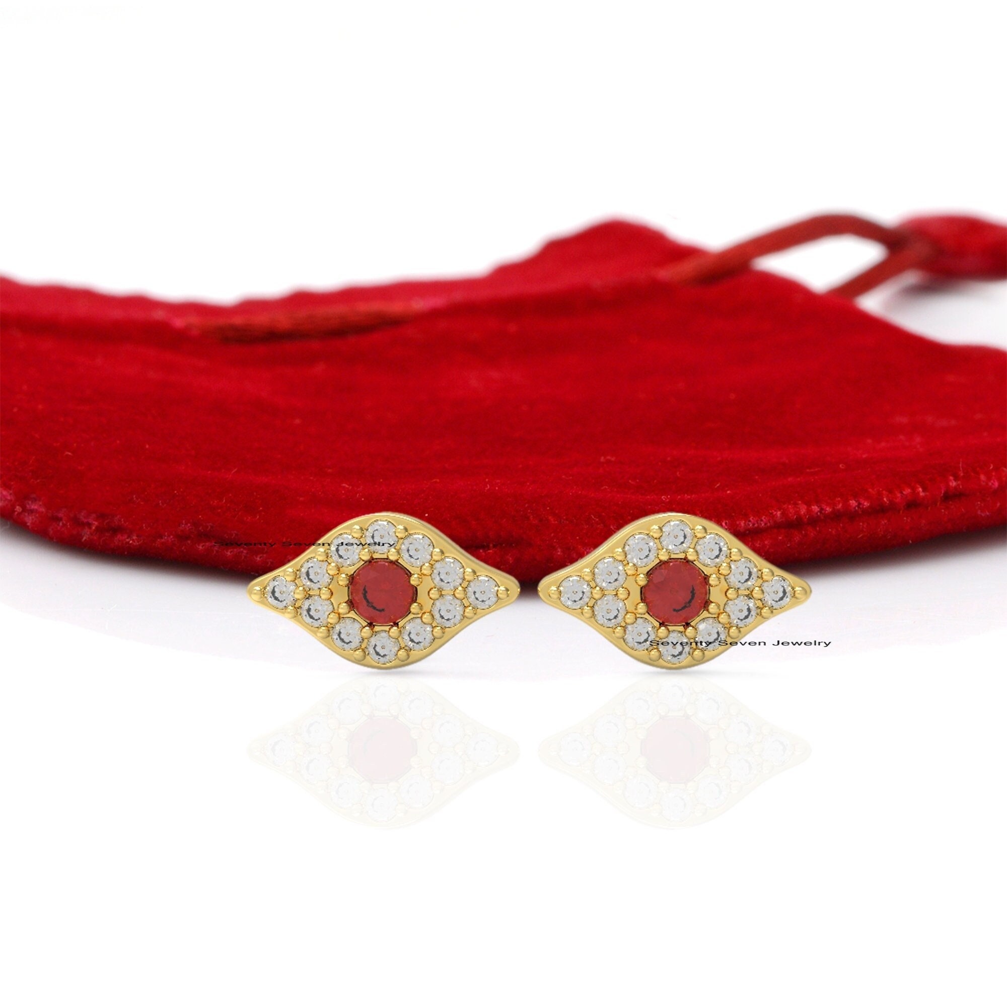 14k Gold Evil Eye Studs: Ruby & Diamond Goodluck Jewelry - View 2 - Seventy Seven Jewelry | SKU: SSMJE310-14KYGDIRU-2026 14k Gold Evil Eye Studs: Ruby & Diamond Goodluck Jewelry - View 2 - Seventy Seven Jewelry | SKU: SSMJE310-14KYGDIRU-2026