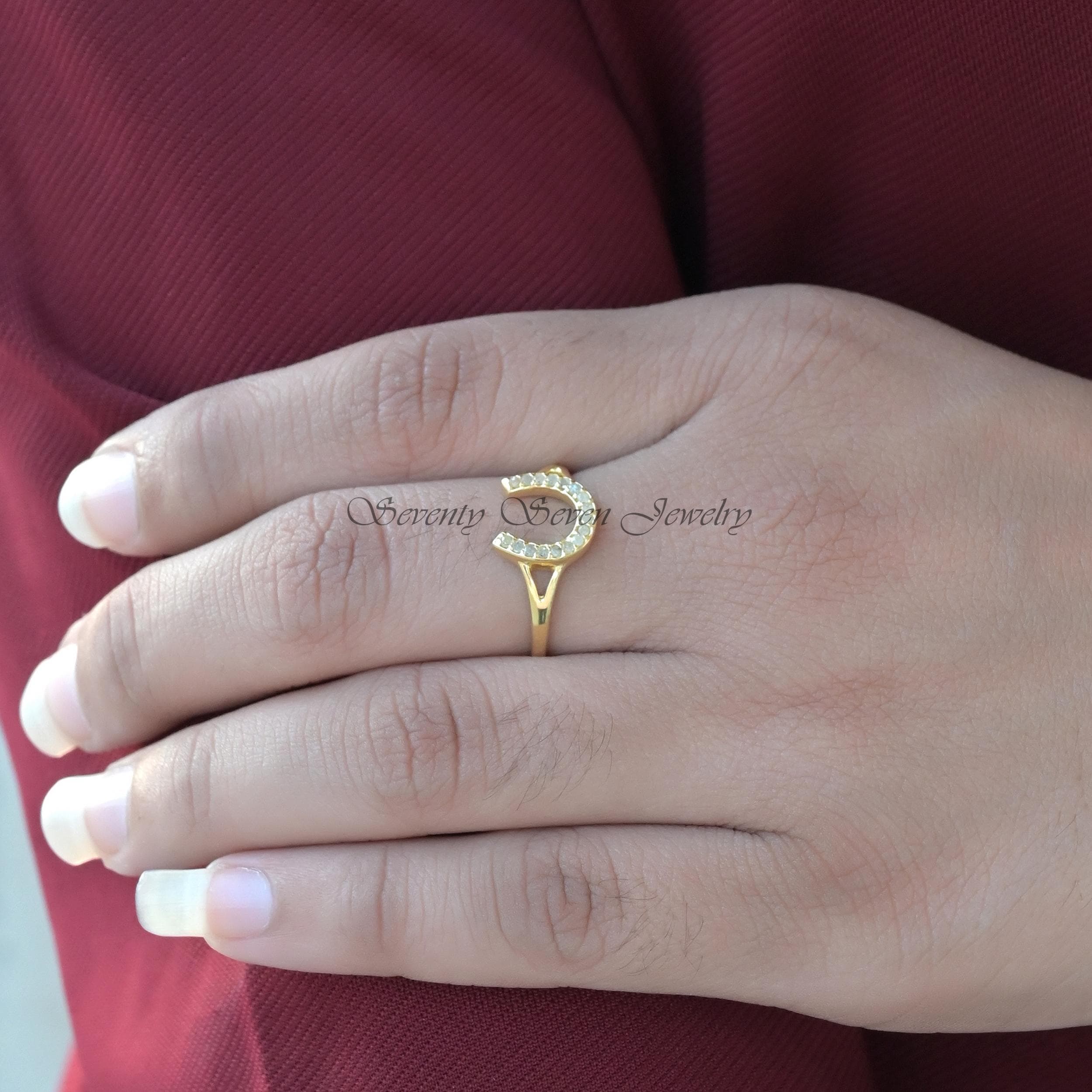 14K Gold Diamond Horseshoe Ring: Lucky Vintage Style - View 2 - Seventy Seven Jewelry | SKU: SSMJR406-14KYGWGDI-2026 14K Gold Diamond Horseshoe Ring: Lucky Vintage Style - View 2 - Seventy Seven Jewelry | SKU: SSMJR406-14KYGWGDI-2026