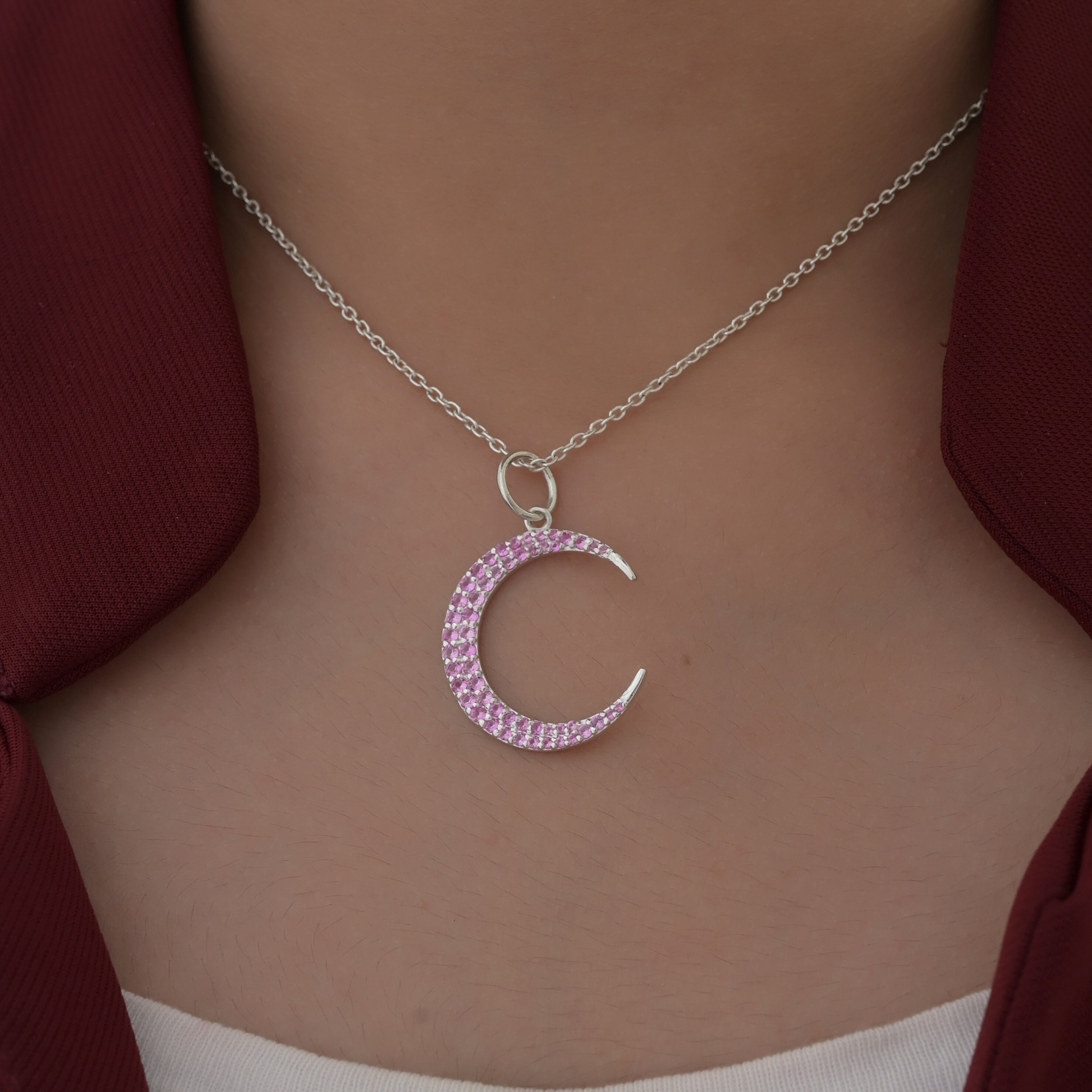 925 Silver Crescent Moon Pendant: Ruby or Diamond Charm (26 MM) - View 3 - Seventy Seven Jewelry | SKU: SSMJP1065-SLYGRU-26M- 925 Silver Crescent Moon Pendant: Ruby or Diamond Charm (26 MM) - View 3 - Seventy Seven Jewelry | SKU: SSMJP1065-SLYGRU-26M-