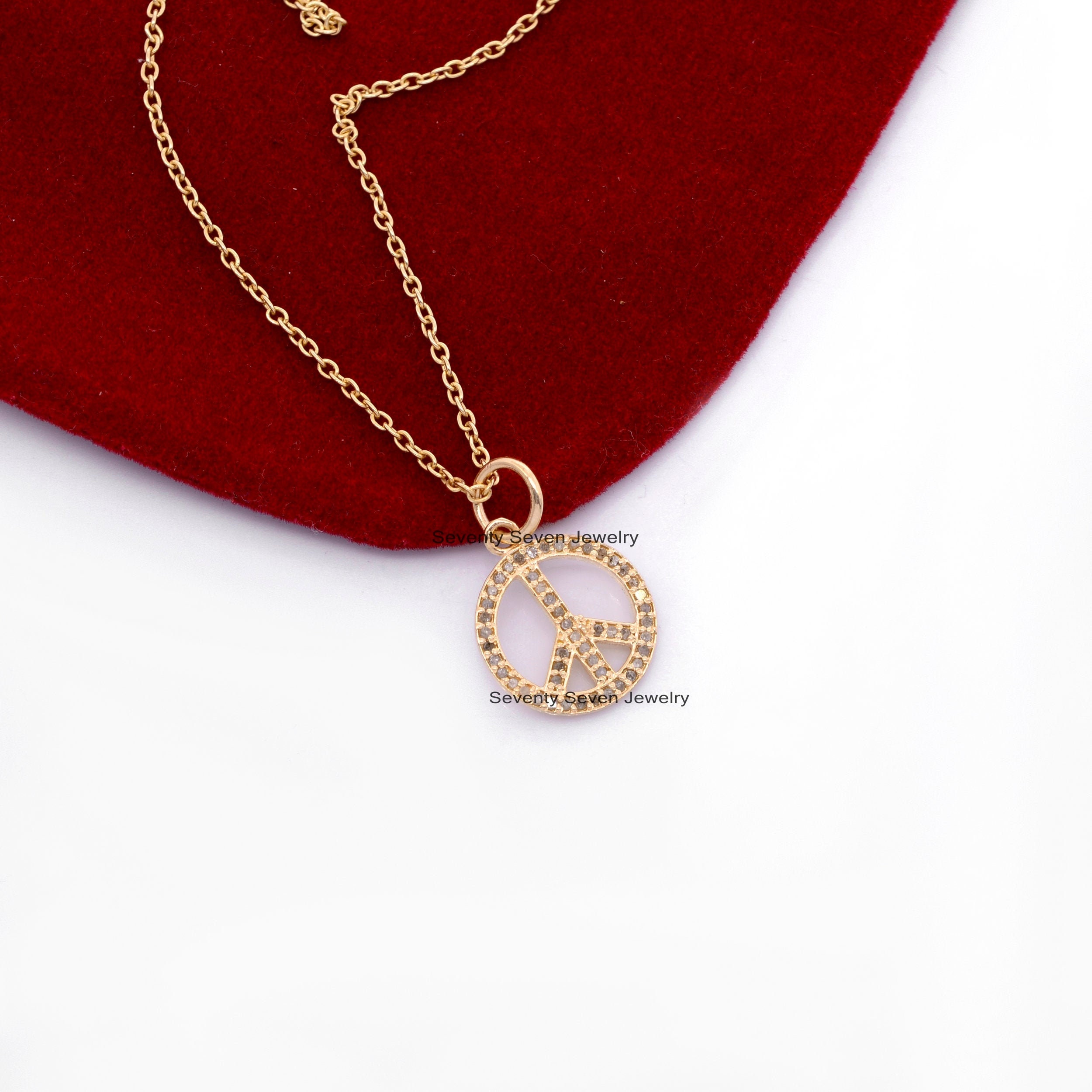 Diamond Peace Sign Pendant Necklace: Sterling Silver Charm (16 MM) - View 2 - Seventy Seven Jewelry | SKU: SSMJP357-SLYGDI-16 Diamond Peace Sign Pendant Necklace: Sterling Silver Charm (16 MM) - View 2 - Seventy Seven Jewelry | SKU: SSMJP357-SLYGDI-16