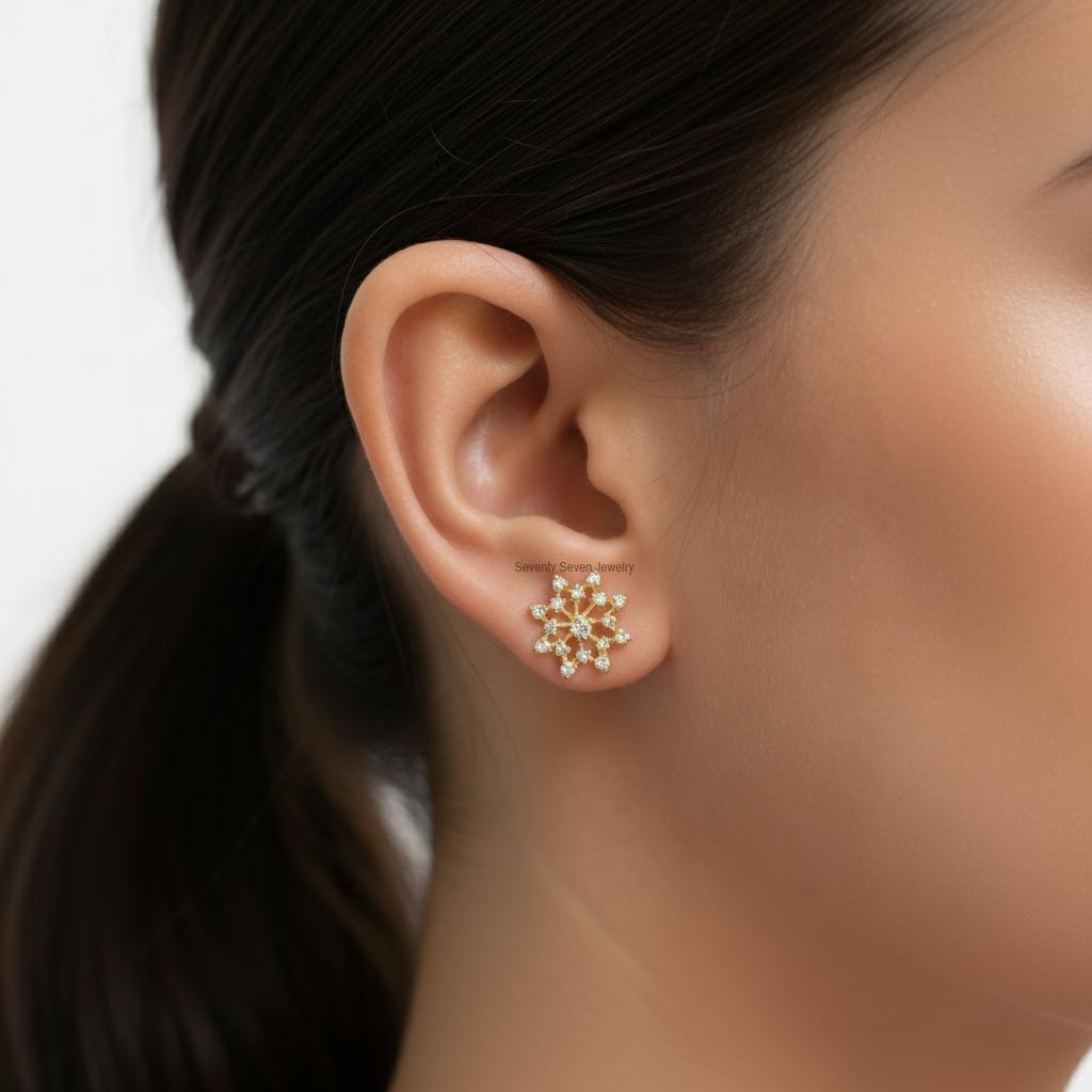 14K Gold Snowflake Lab Diamond Stud Earrings, 10MM - View 2 - Seventy Seven Jewelry | SKU: SSMJE1078- 14K Gold Snowflake Lab Diamond Stud Earrings, 10MM - View 2 - Seventy Seven Jewelry | SKU: SSMJE1078-