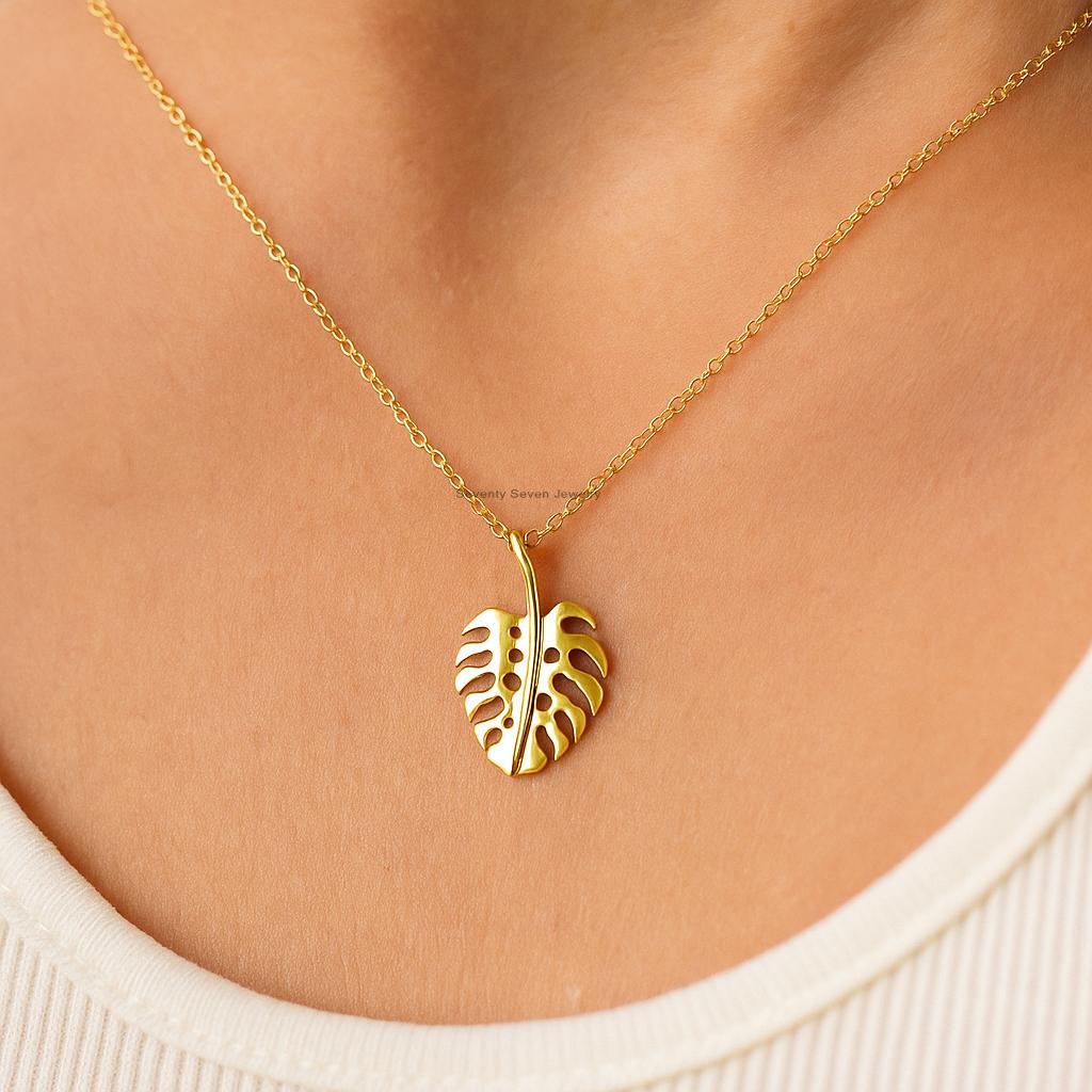 14K Gold Plated Monstera Leaf Necklace, Deliciosa Pendant - View 2 - Seventy Seven Jewelry | SKU: SSMJP 14K Gold Plated Monstera Leaf Necklace, Deliciosa Pendant - View 2 - Seventy Seven Jewelry | SKU: SSMJP