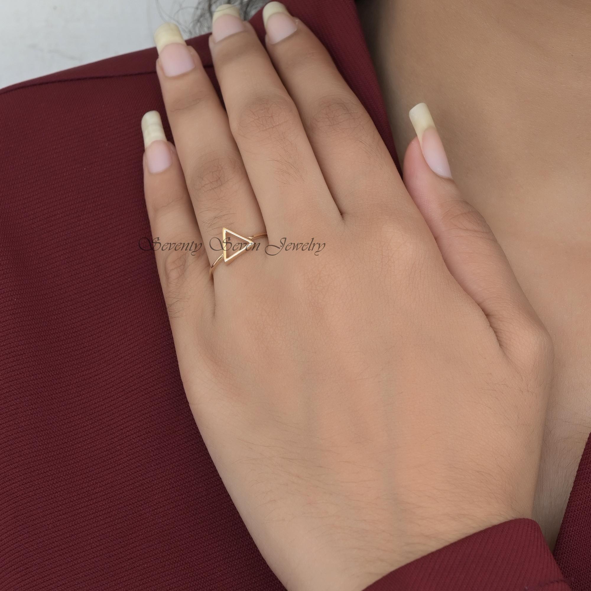 14k Solid Gold Triangle Ring: Geometric Boho Jewelry - View 5 - Seventy Seven Jewelry | SKU: SSMJR09-14KYG-2026 14k Solid Gold Triangle Ring: Geometric Boho Jewelry - View 5 - Seventy Seven Jewelry | SKU: SSMJR09-14KYG-2026