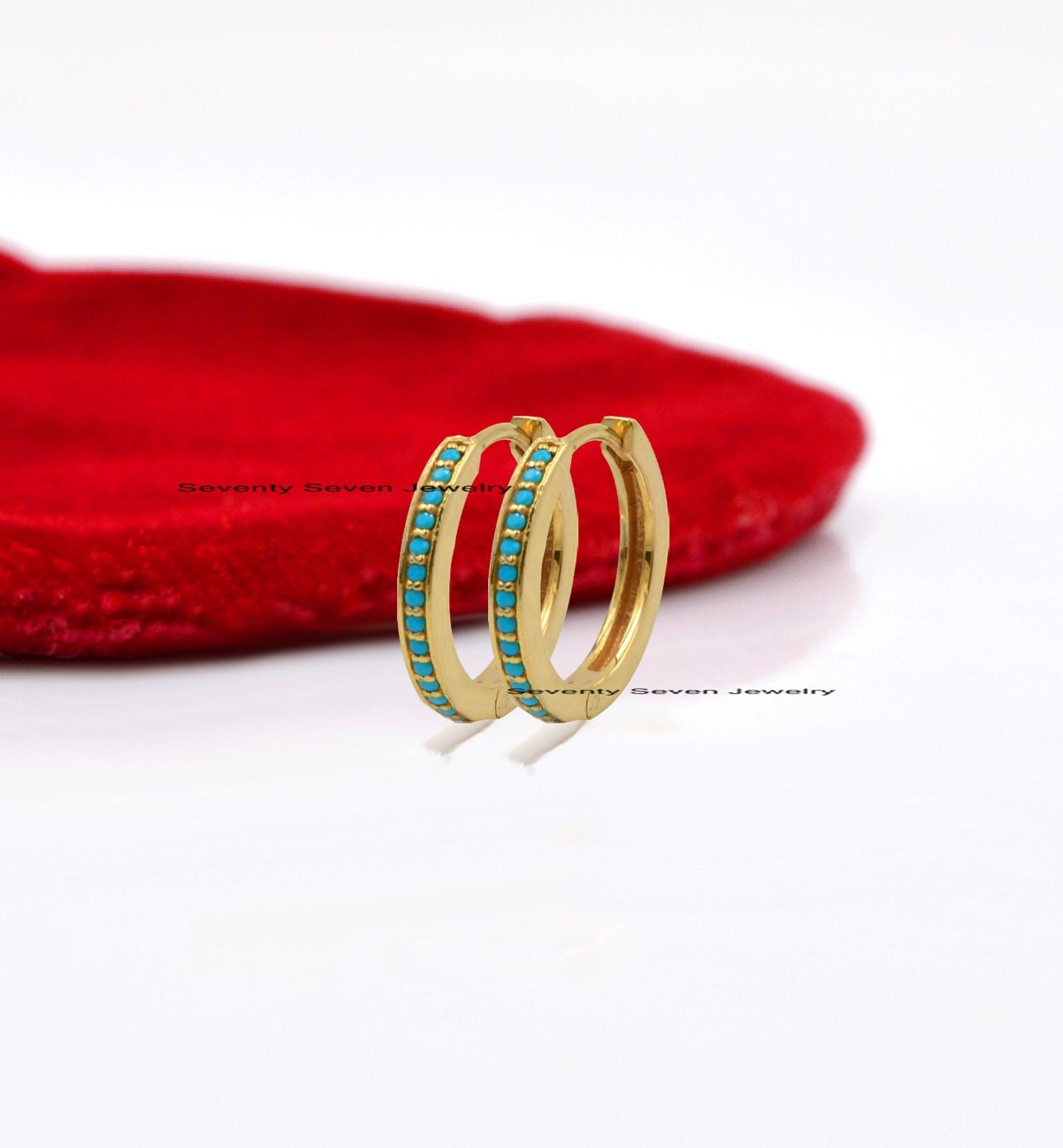 14K Gold Diamond Hoop Huggies: Turquoise Gemstone Earrings (17 MM) - View 2 - Seventy Seven Jewelry | SKU: SSMJE302-14KYGDI-2 14K Gold Diamond Hoop Huggies: Turquoise Gemstone Earrings (17 MM) - View 2 - Seventy Seven Jewelry | SKU: SSMJE302-14KYGDI-2
