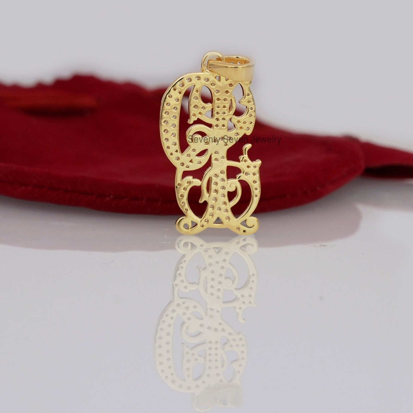 Gold Plated Sterling Silver Diamond Monogram Pendant - Custom 2 Letter Initial - View 3 - Seventy Seven Jewelry | SKU: SSMJP4 Gold Plated Sterling Silver Diamond Monogram Pendant - Custom 2 Letter Initial - View 3 - Seventy Seven Jewelry | SKU: SSMJP4