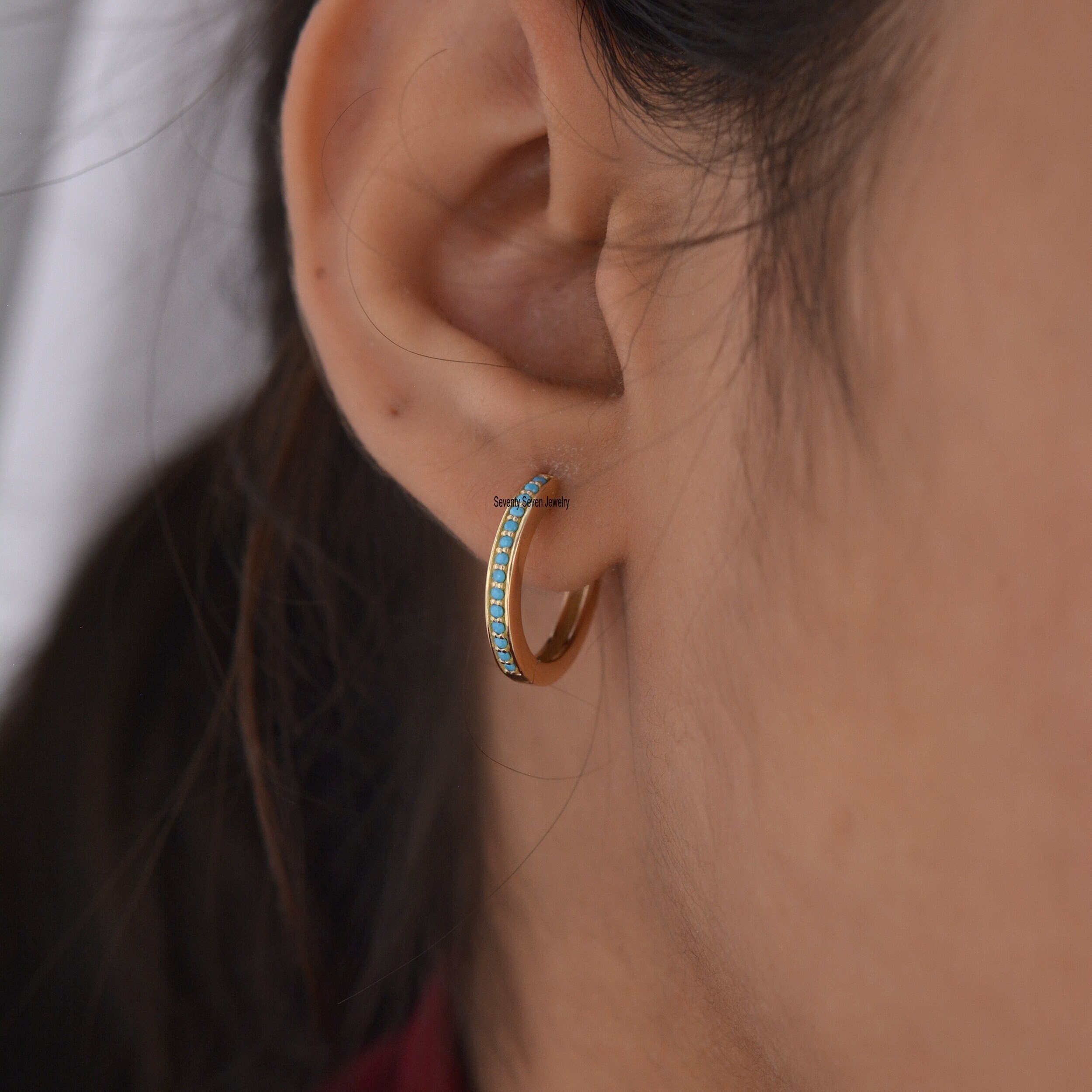 Silver Turquoise Hoop Earrings, Dainty Gemstone Huggies - Seventy Seven Jewelry | SKU: SSMJE302-SLYGDI-2026 Silver Turquoise Hoop Earrings, Dainty Gemstone Huggies - Seventy Seven Jewelry | SKU: SSMJE302-SLYGDI-2026