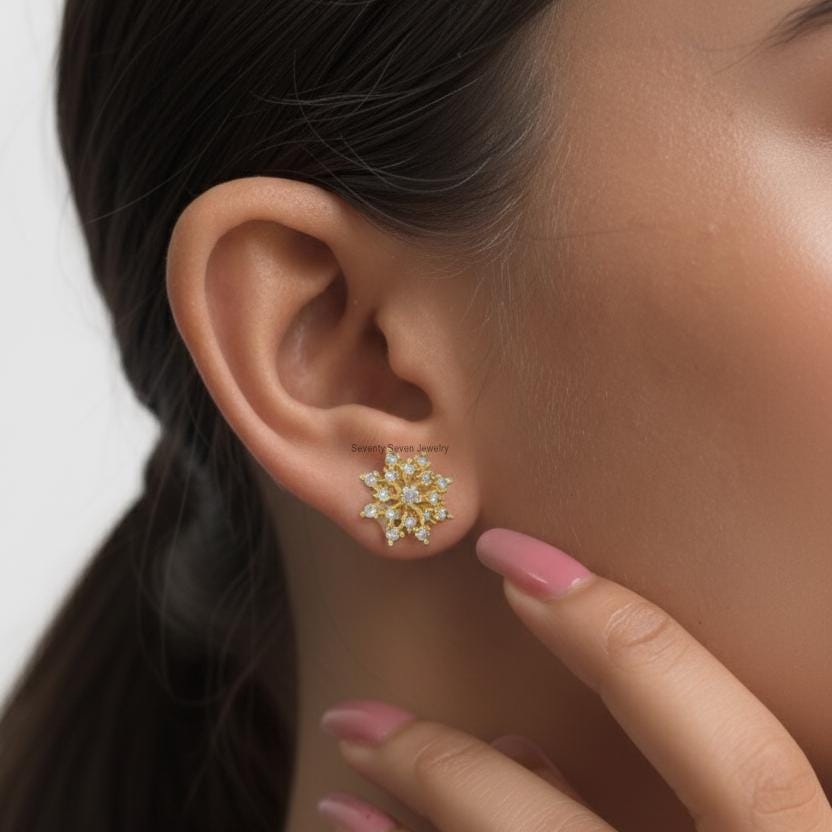 14K Gold Snowflake Lab Diamond Stud Earrings, 10MM - View 5 - Seventy Seven Jewelry | SKU: SSMJE1078- 14K Gold Snowflake Lab Diamond Stud Earrings, 10MM - View 5 - Seventy Seven Jewelry | SKU: SSMJE1078-